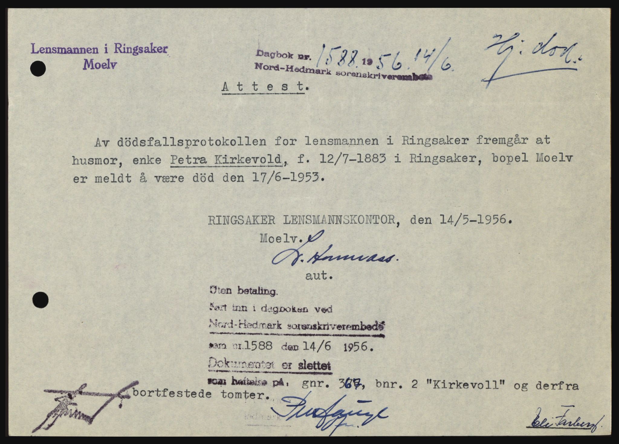 Nord-Hedmark sorenskriveri, SAH/TING-012/H/Hc/L0010: Pantebok nr. 10, 1955-1956, Dagboknr: 1588/1956