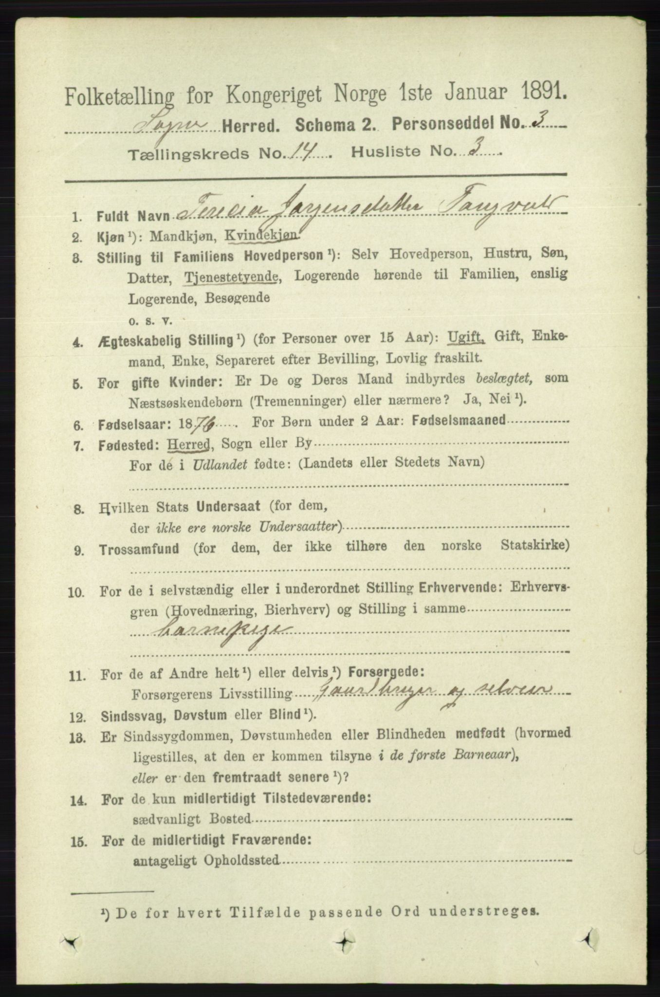 RA, Folketelling 1891 for 1018 Søgne herred, 1891, s. 3415