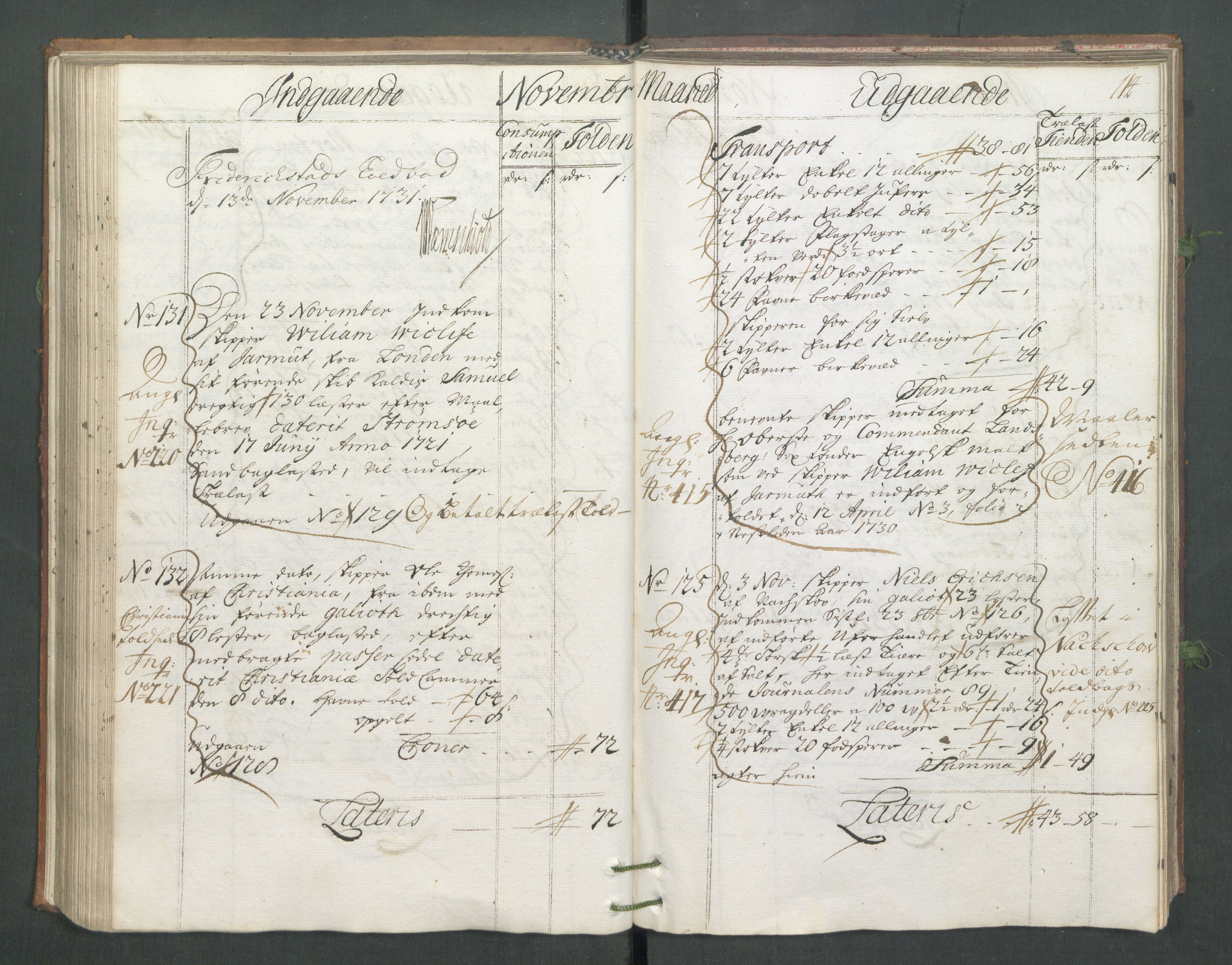 Generaltollkammeret, tollregnskaper, RA/EA-5490/R02/L0006/0001: Tollregnskaper Fredrikstad / Hovedtollbok, 1731, s. 114