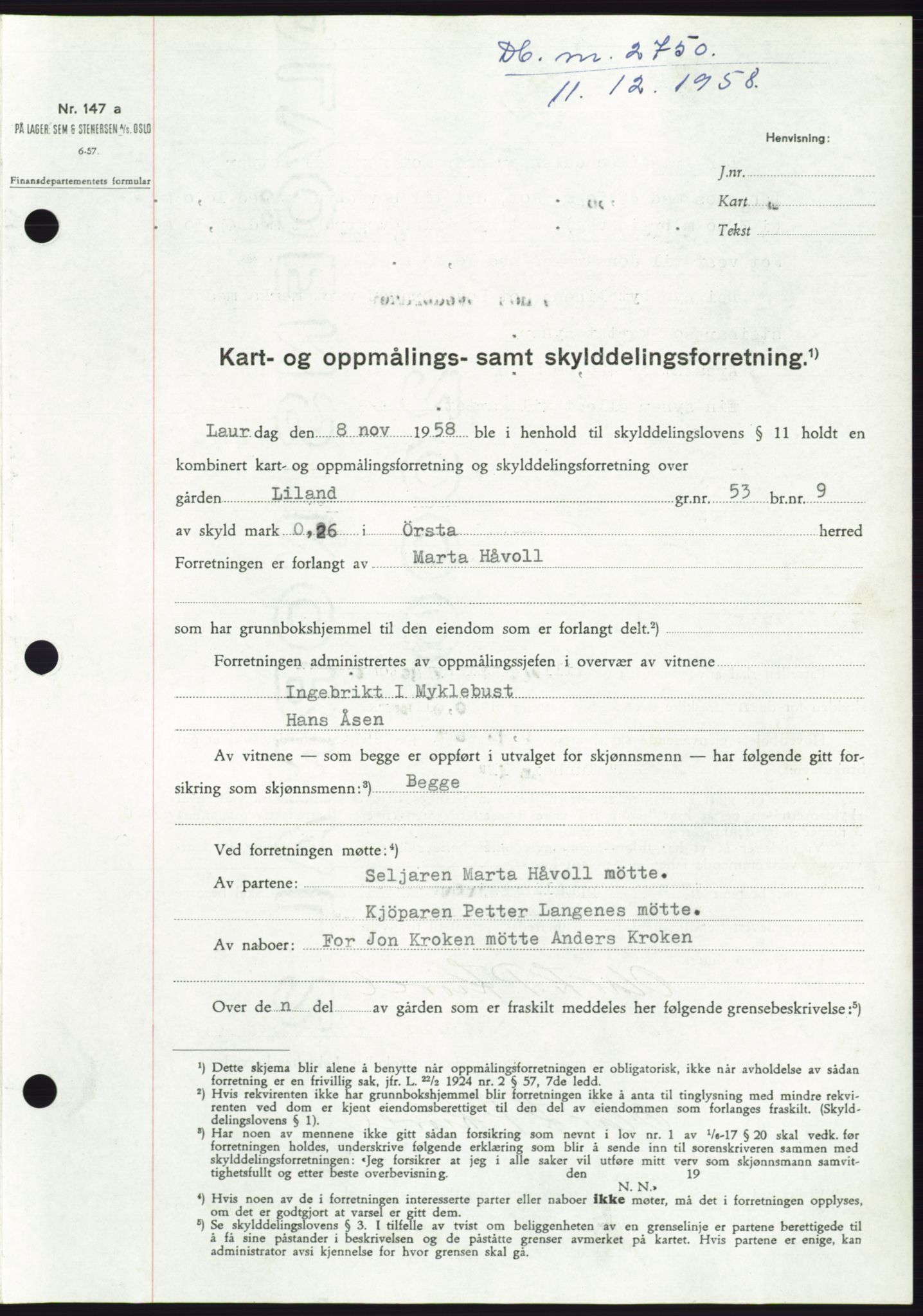 Søre Sunnmøre sorenskriveri, SAT/A-4122/1/2/2C/L0111: Pantebok nr. 37A, 1958-1959, Dagboknr: 2750/1958