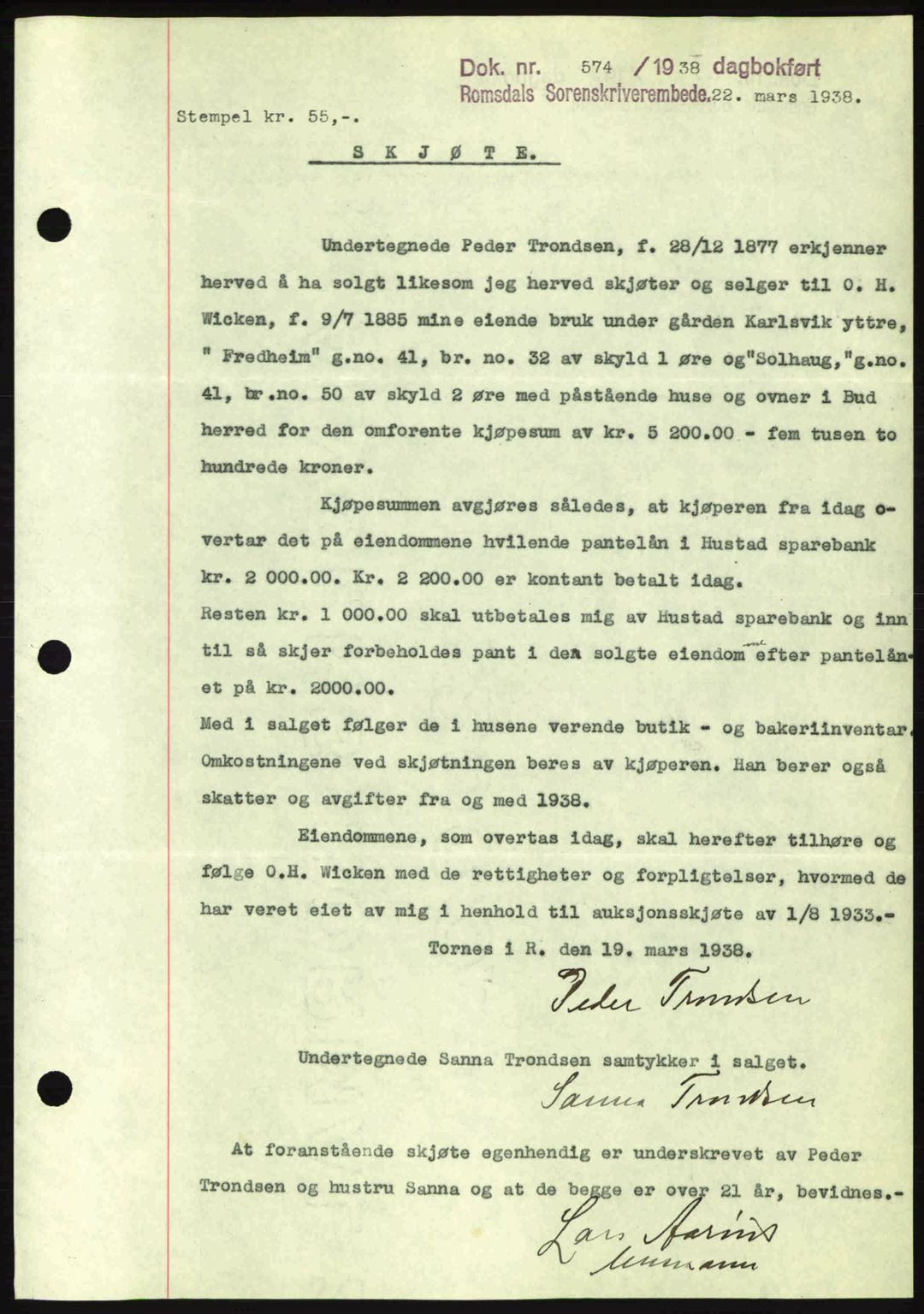 Romsdal sorenskriveri, SAT/A-4149/1/2/2C: Pantebok nr. A4, 1937-1938, Dagboknr: 574/1938