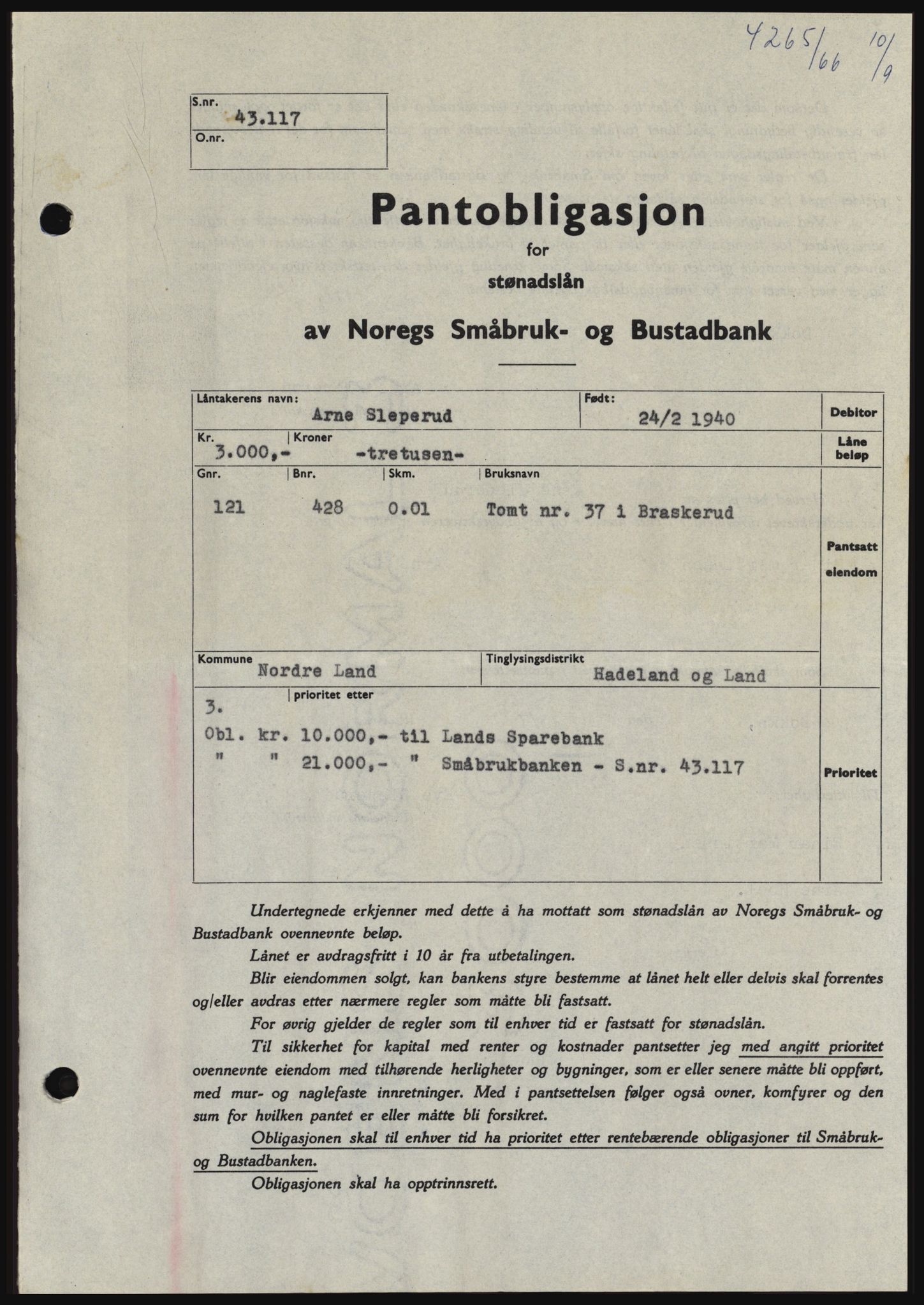 Hadeland og Land tingrett, SAH/TING-010/H/Hb/Hbc/L0064: Pantebok nr. B64, 1966-1966, Dagboknr: 4265/1966