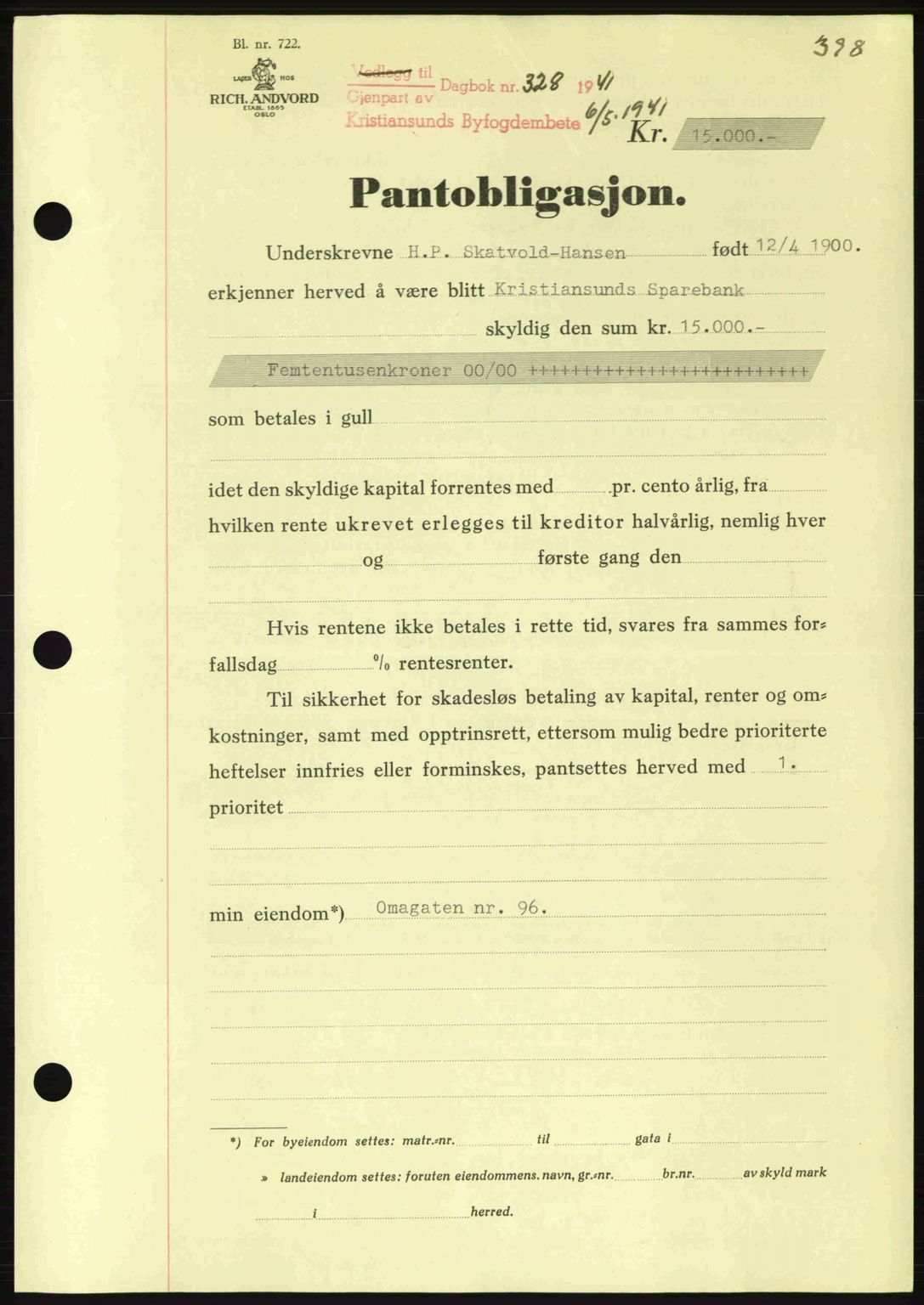 Kristiansund byfogd, SAT/A-4587/A/27: Pantebok nr. 33, 1939-1941, Dagboknr: 328/1941