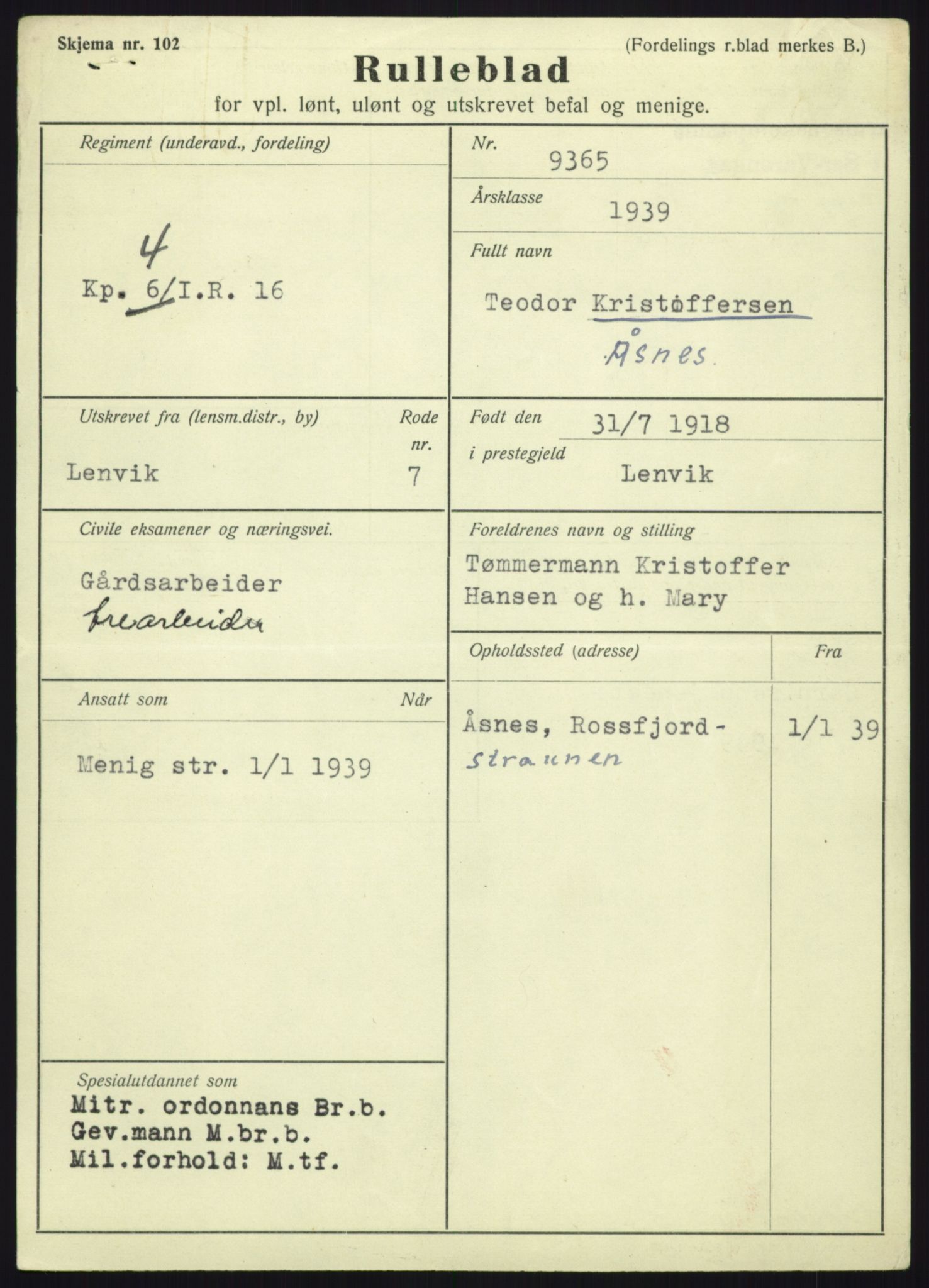 Forsvaret, Troms infanteriregiment nr. 16, AV/RA-RAFA-3146/P/Pa/L0023: Rulleblad for regimentets menige mannskaper, årsklasse 1939, 1939, s. 1345