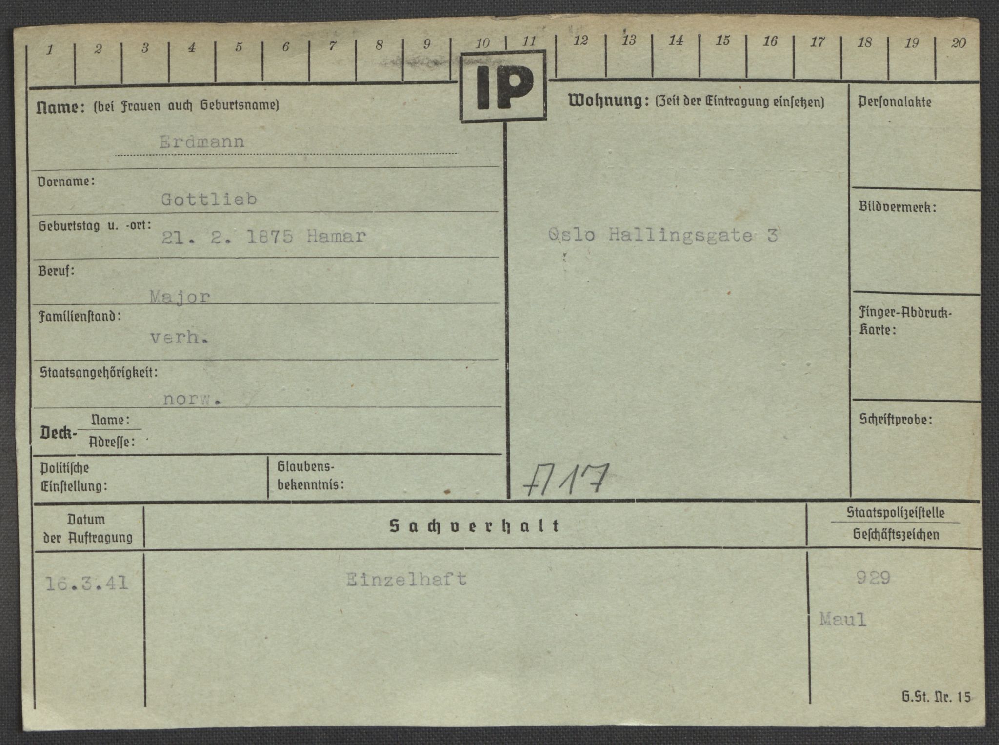 Befehlshaber der Sicherheitspolizei und des SD, AV/RA-RAFA-5969/E/Ea/Eaa/L0003: Register over norske fanger i Møllergata 19: Eng-Hag, 1940-1945, s. 20