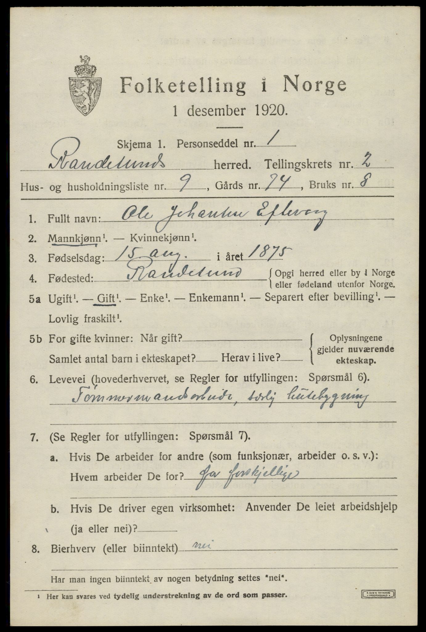 SAK, Folketelling 1920 for 1011 Randesund herred, 1920, s. 1162