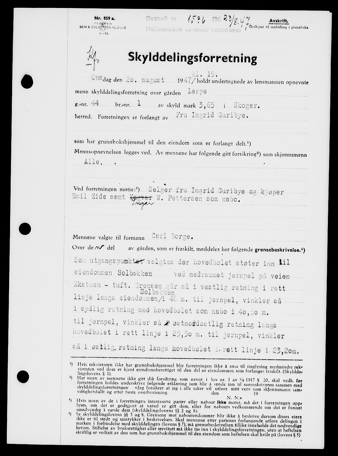 Holmestrand sorenskriveri, SAKO/A-67/G/Ga/Gaa/L0062: Pantebok nr. A-62, 1947-1947, Dagboknr: 1536/1947