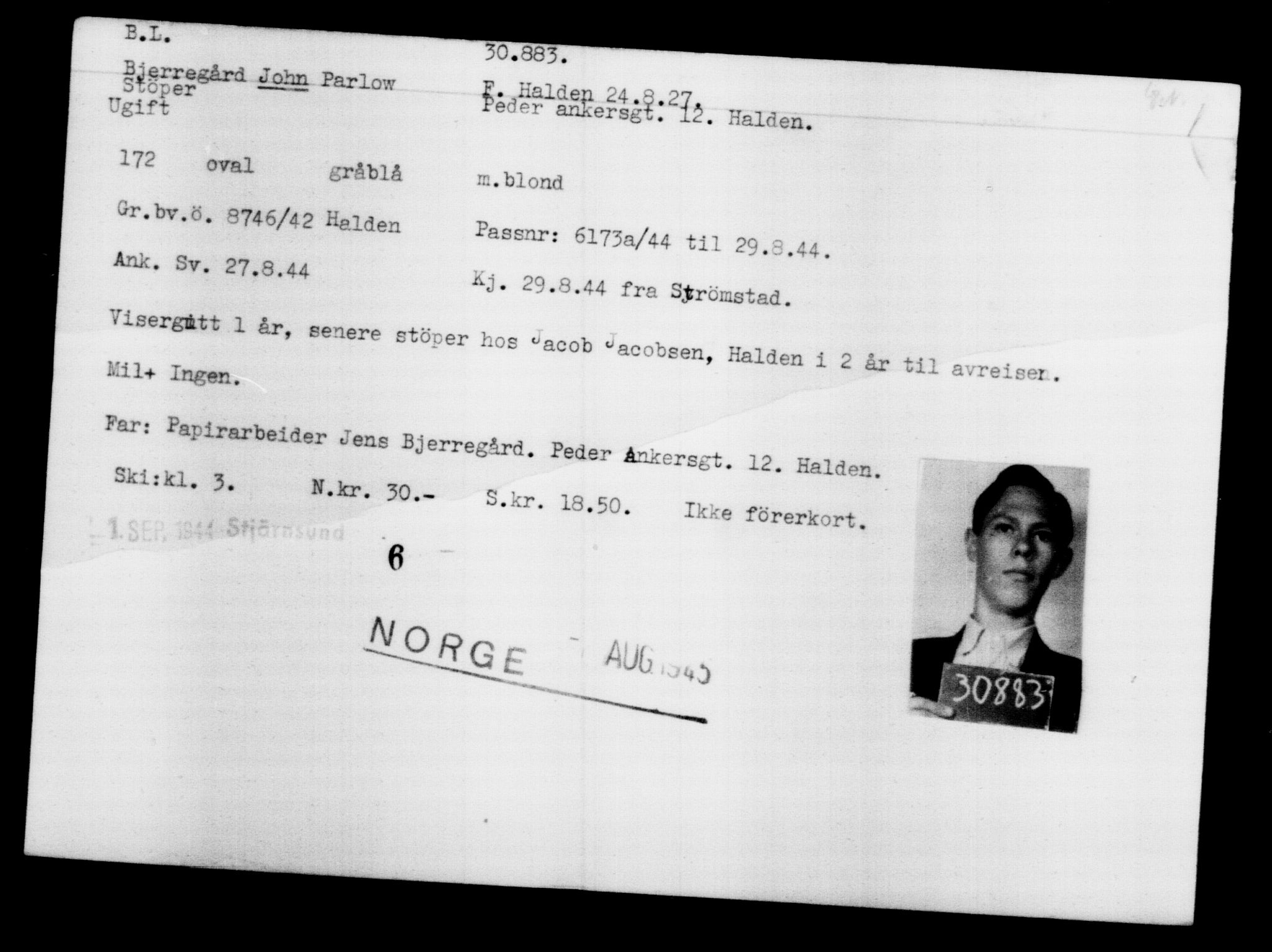Utenriksstasjonene, Legasjonen i Stockholm, Flyktningkontoret, AV/RA-S-6753/V/Va/L0012: Kjesäterkartoteket, flyktninger med registreringsnr. 28300-31566, 1940-1945, s. 2807
