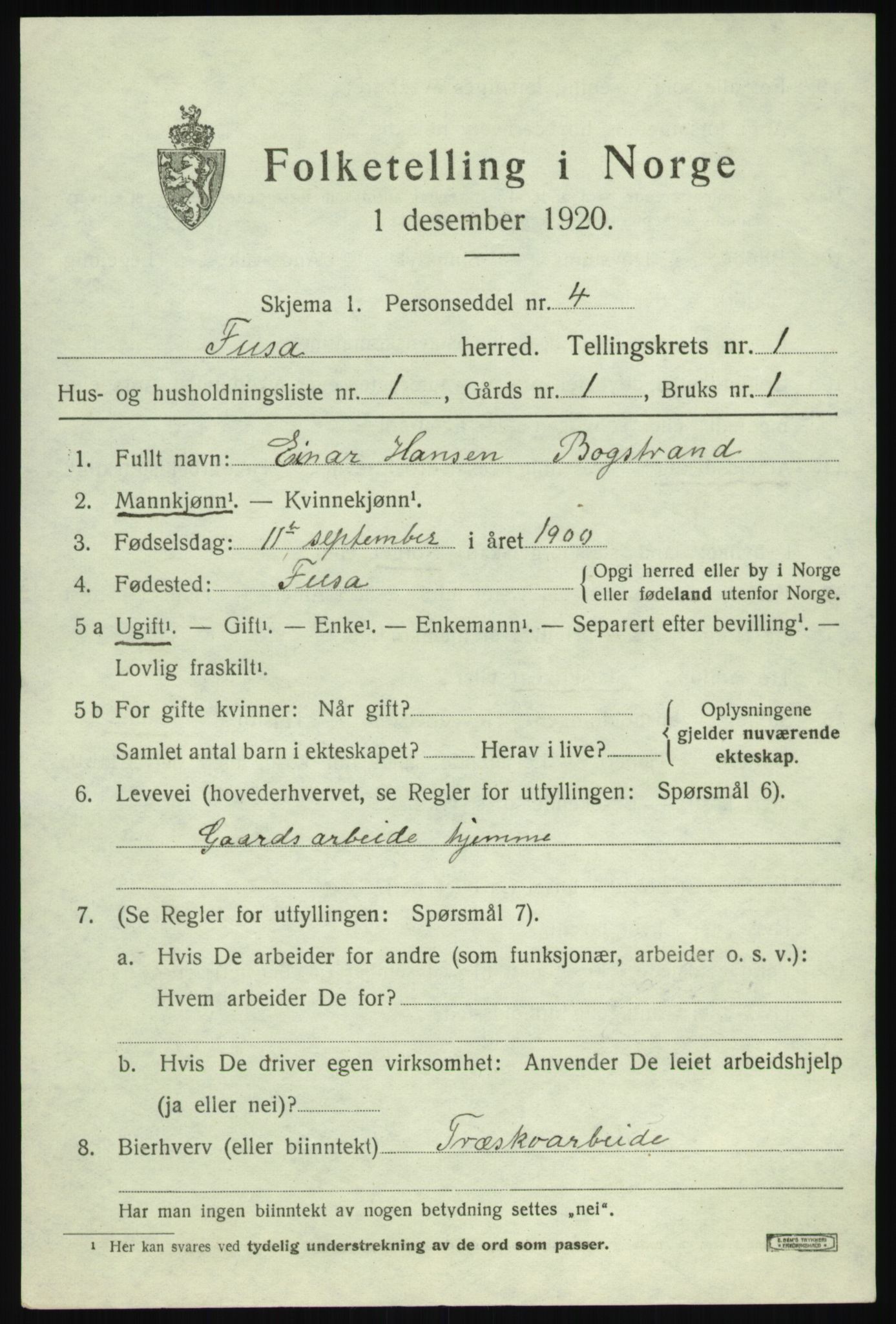 SAB, Folketelling 1920 for 1241 Fusa herred, 1920, s. 449