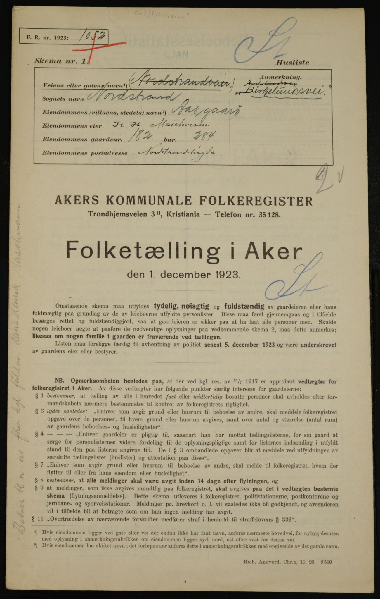 , Kommunal folketelling 1.12.1923 for Aker, 1923, s. 42756