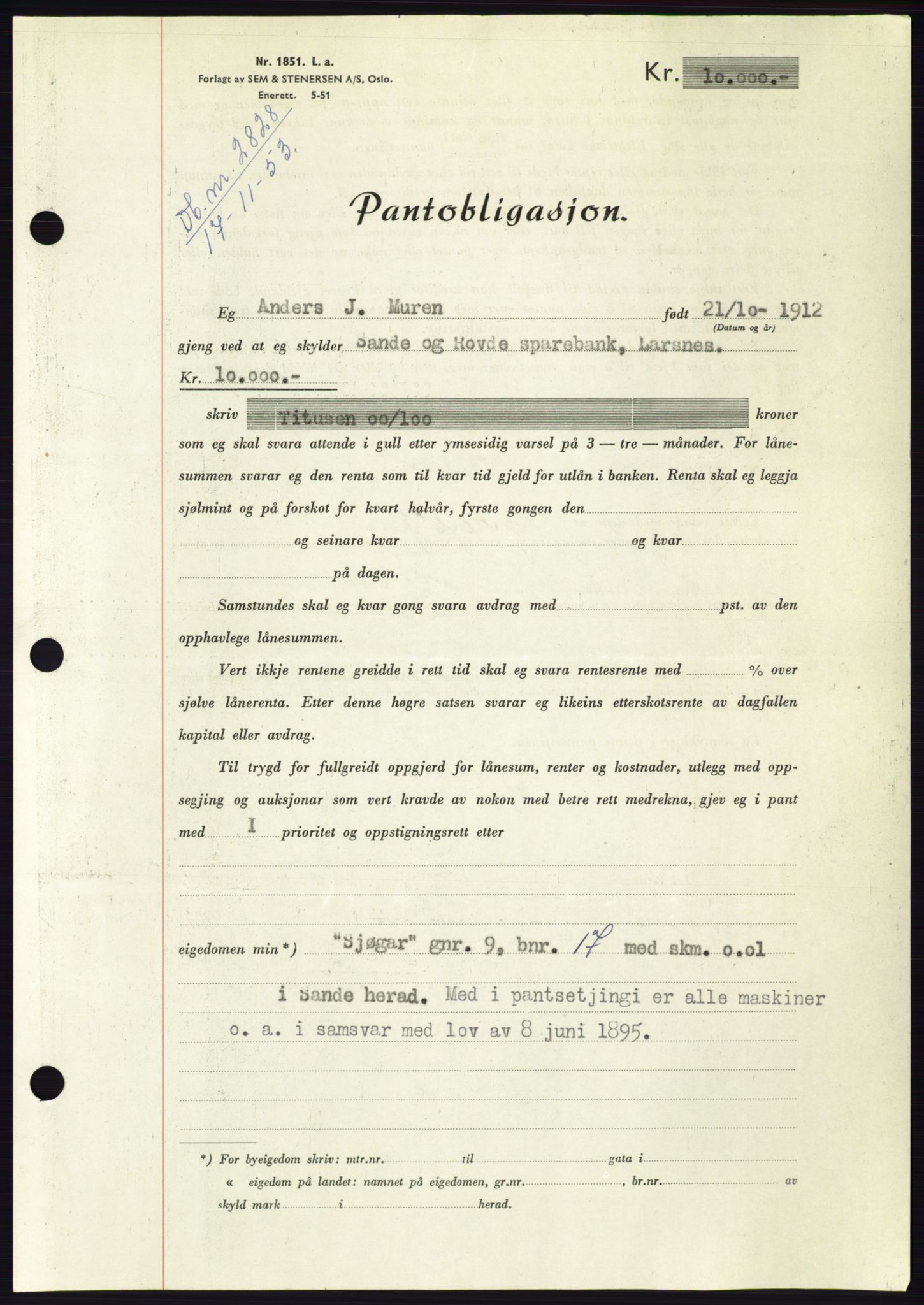 Søre Sunnmøre sorenskriveri, AV/SAT-A-4122/1/2/2C/L0124: Pantebok nr. 12B, 1953-1954, Dagboknr: 2828/1953