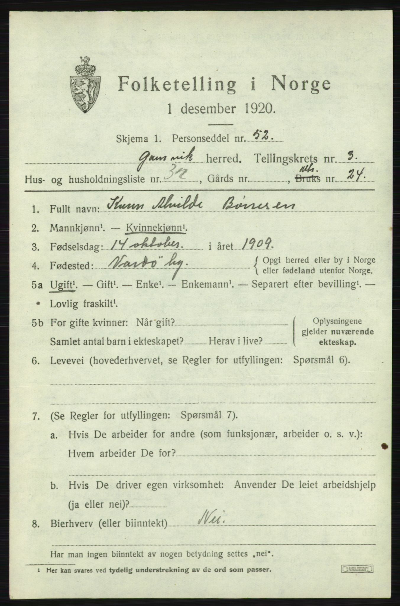 SATØ, Folketelling 1920 for 2023 Gamvik herred, 1920, s. 2828