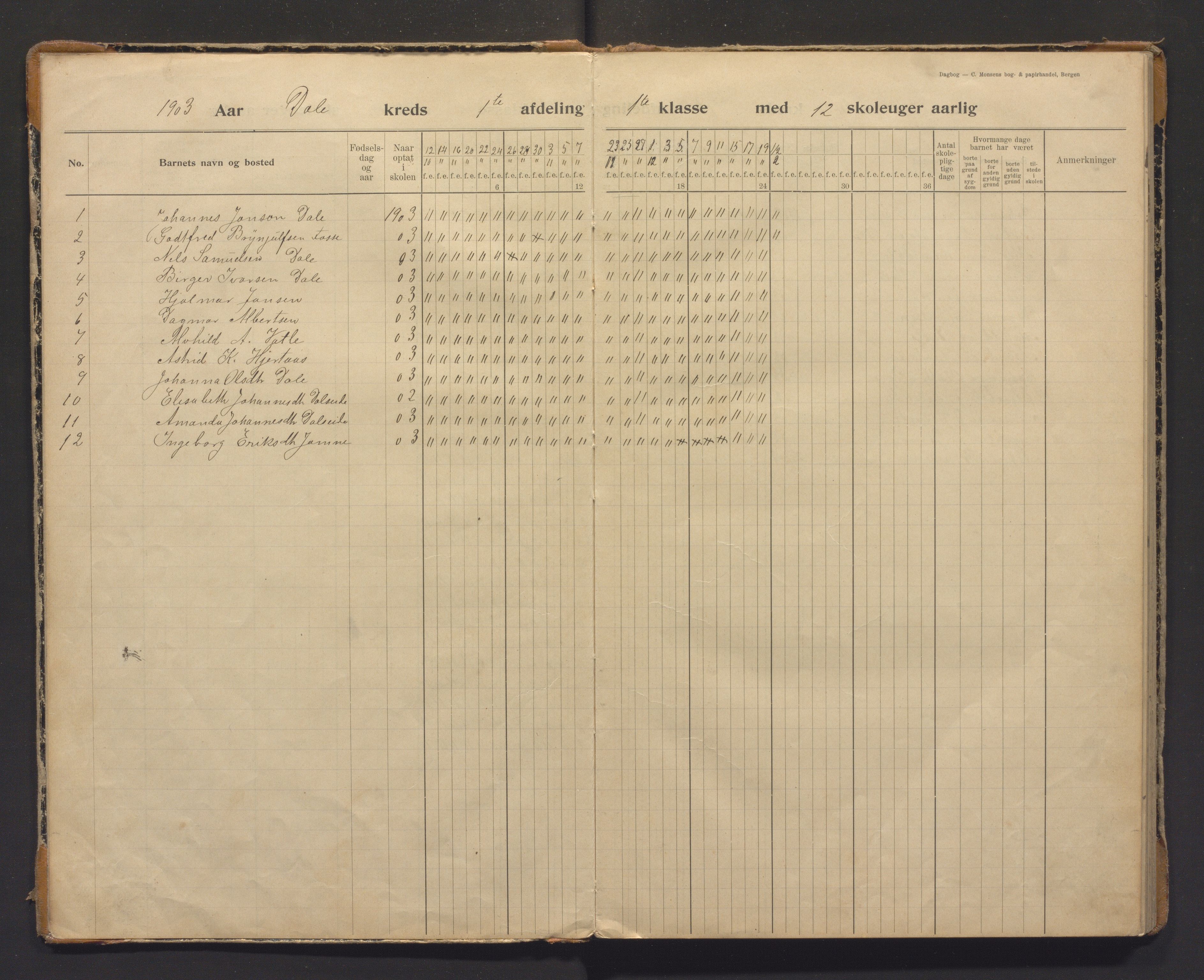 Bruvik kommune. Barneskulane, IKAH/1251a-231/G/Gc/L0003: Dagbok for Dale og Stanghelle krinsar, 1903-1917