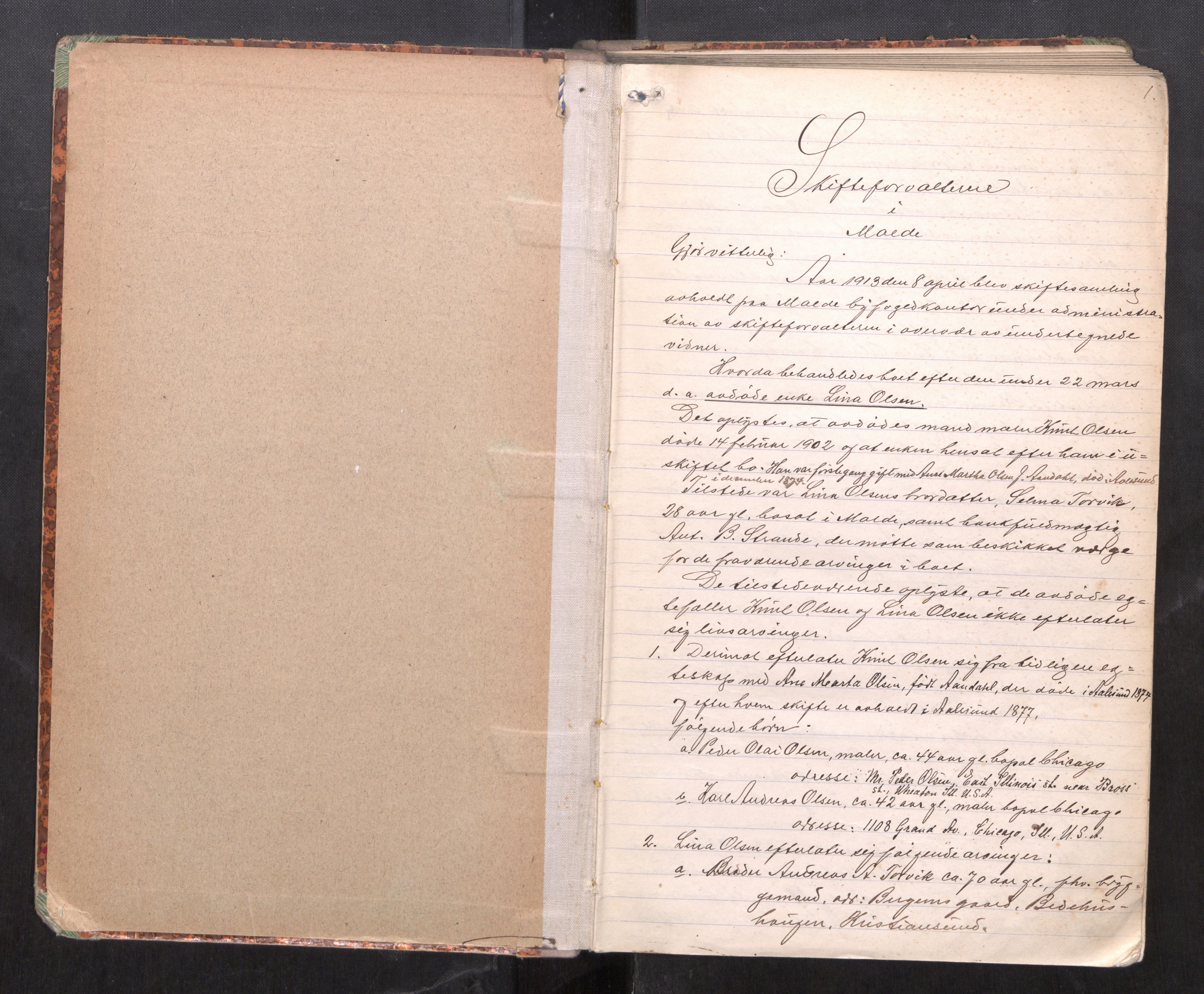 Romsdal sorenskriveri, AV/SAT-A-4149/1/3/3B/L0006: Skiftebehandlingsprotokoll, 1913-1922, s. 1