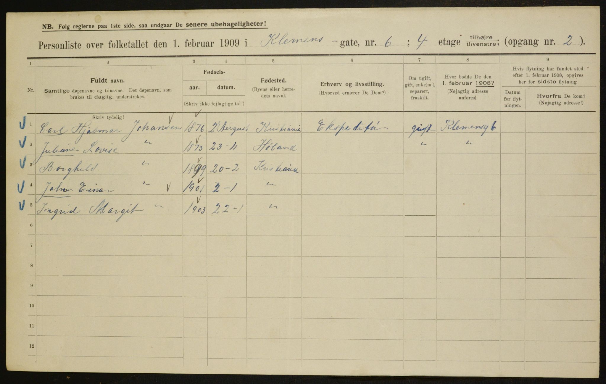 OBA, Kommunal folketelling 1.2.1909 for Kristiania kjøpstad, 1909, s. 11660