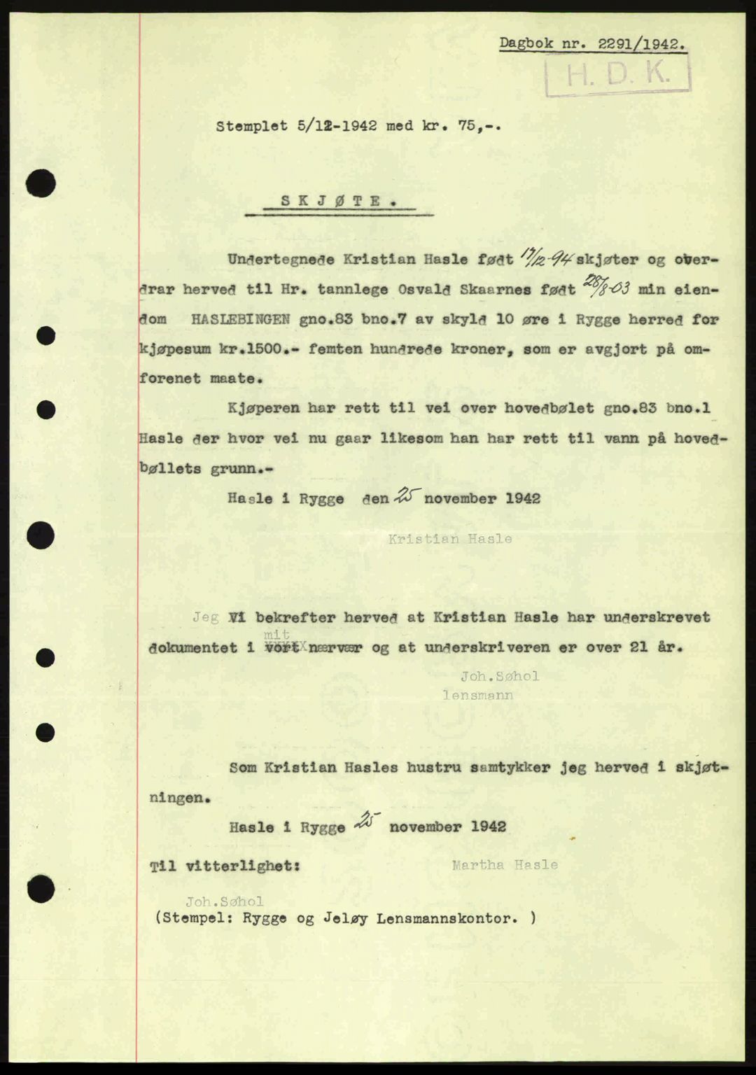 Moss sorenskriveri, SAO/A-10168: Pantebok nr. A10, 1942-1943, Dagboknr: 2291/1942