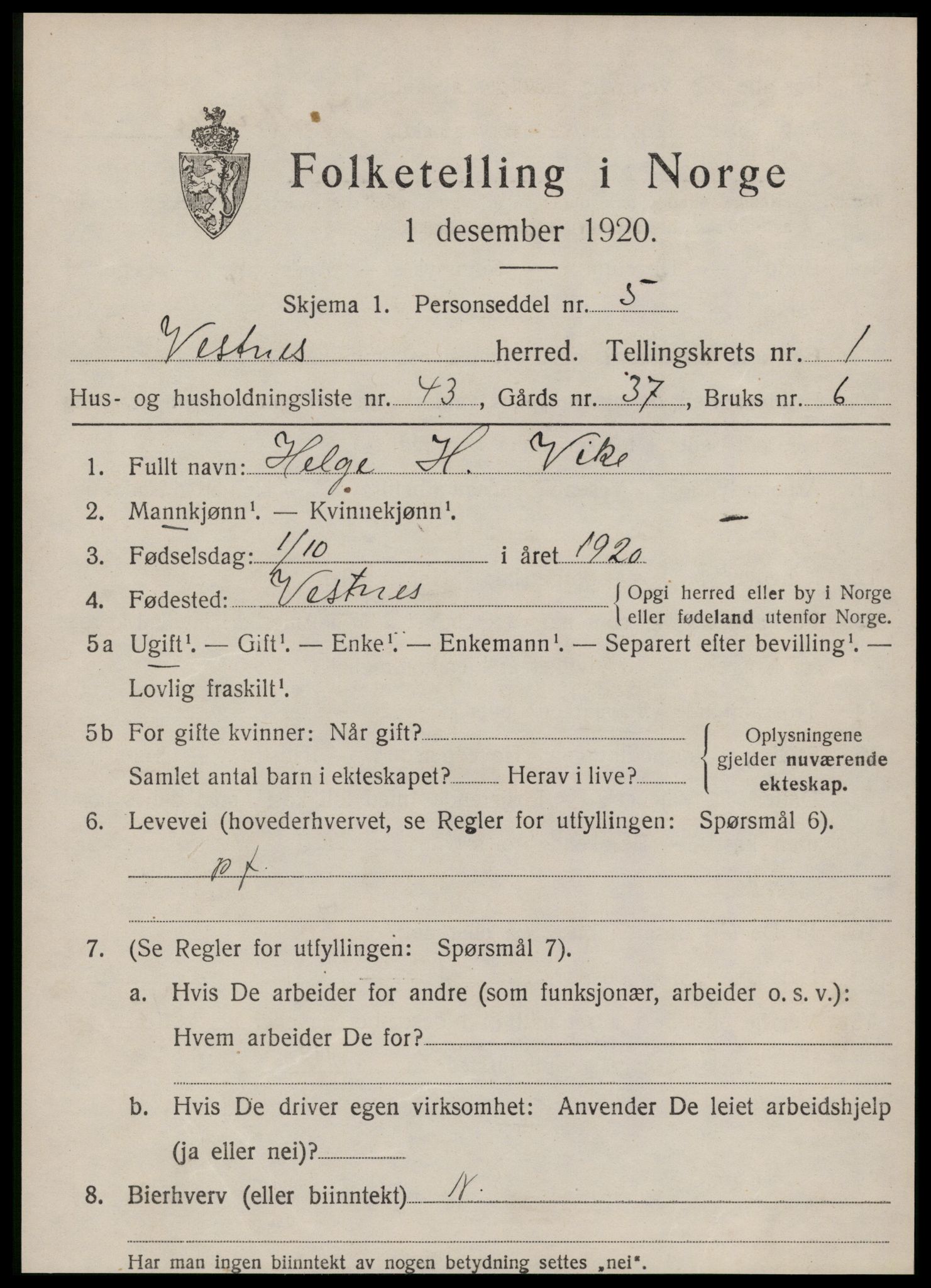 SAT, Folketelling 1920 for 1535 Vestnes herred, 1920, s. 1741