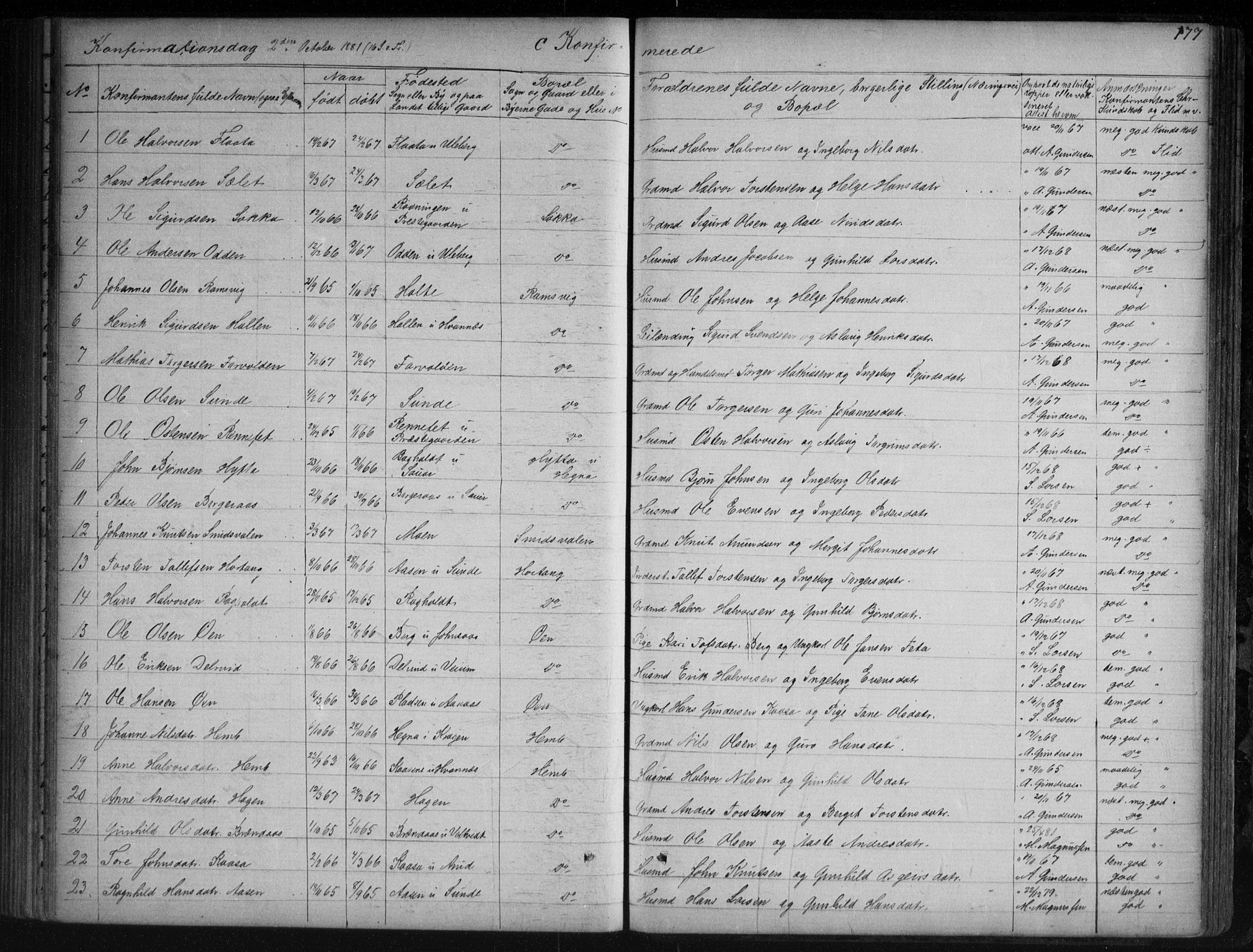 Sauherad kirkebøker, AV/SAKO-A-298/G/Ga/L0003: Klokkerbok nr. I 3, 1866-1905, s. 177