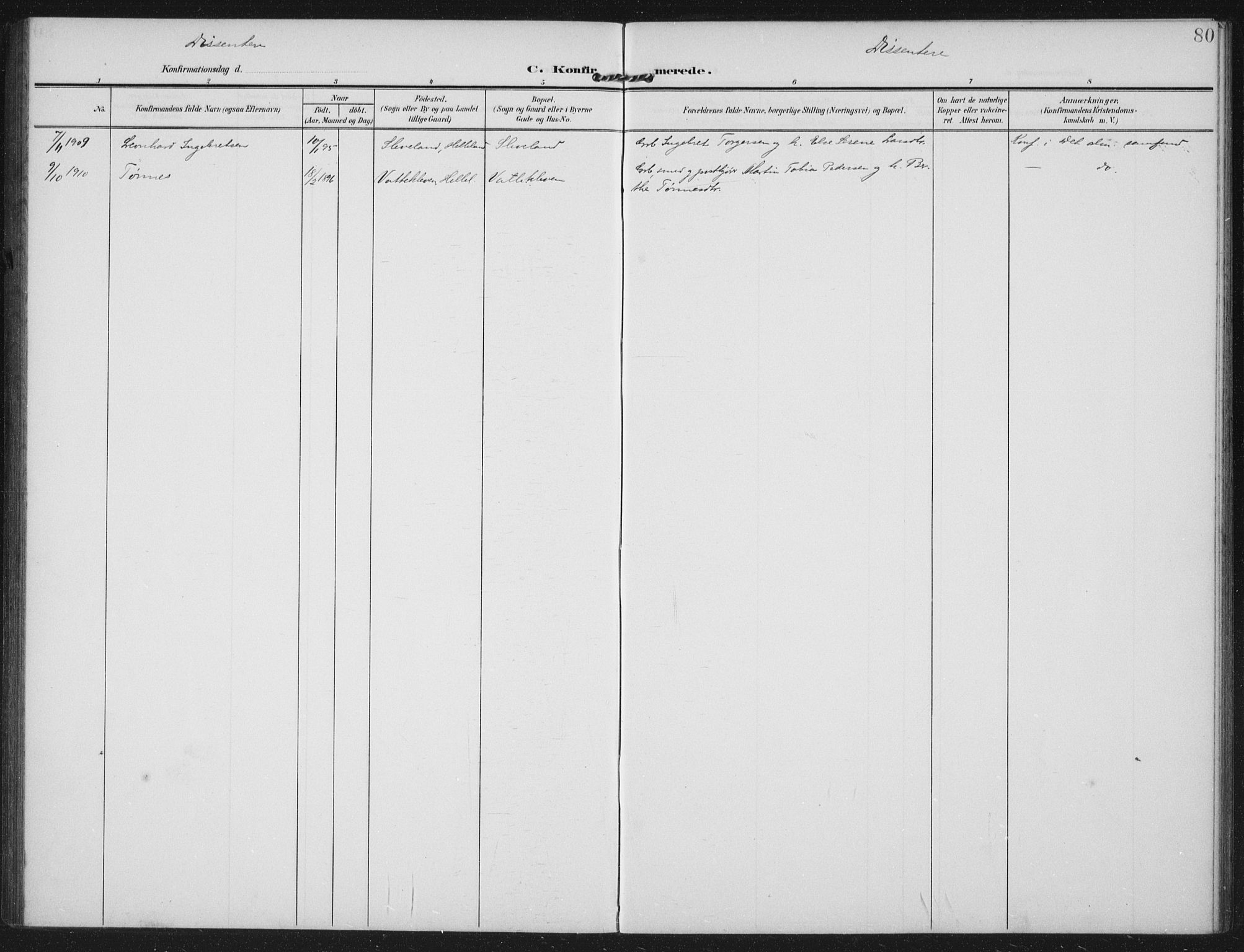 Helleland sokneprestkontor, AV/SAST-A-101810: Ministerialbok nr. A 12, 1906-1923, s. 80