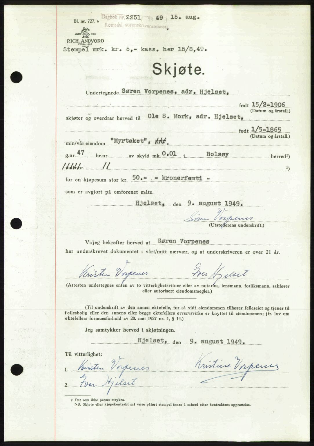 Romsdal sorenskriveri, SAT/A-4149/1/2/2C: Pantebok nr. A30, 1949-1949, Dagboknr: 2251/1949