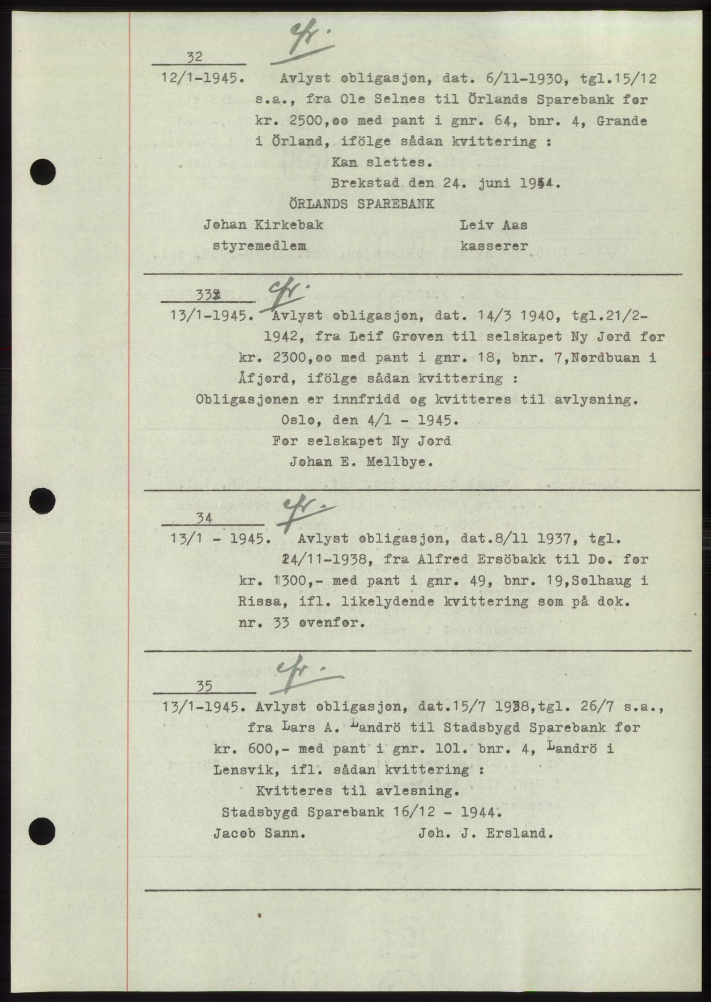 Fosen sorenskriveri, AV/SAT-A-1107/1/2/2C: Pantebok nr. B1, 1943-1946, Dagboknr: 32/1945