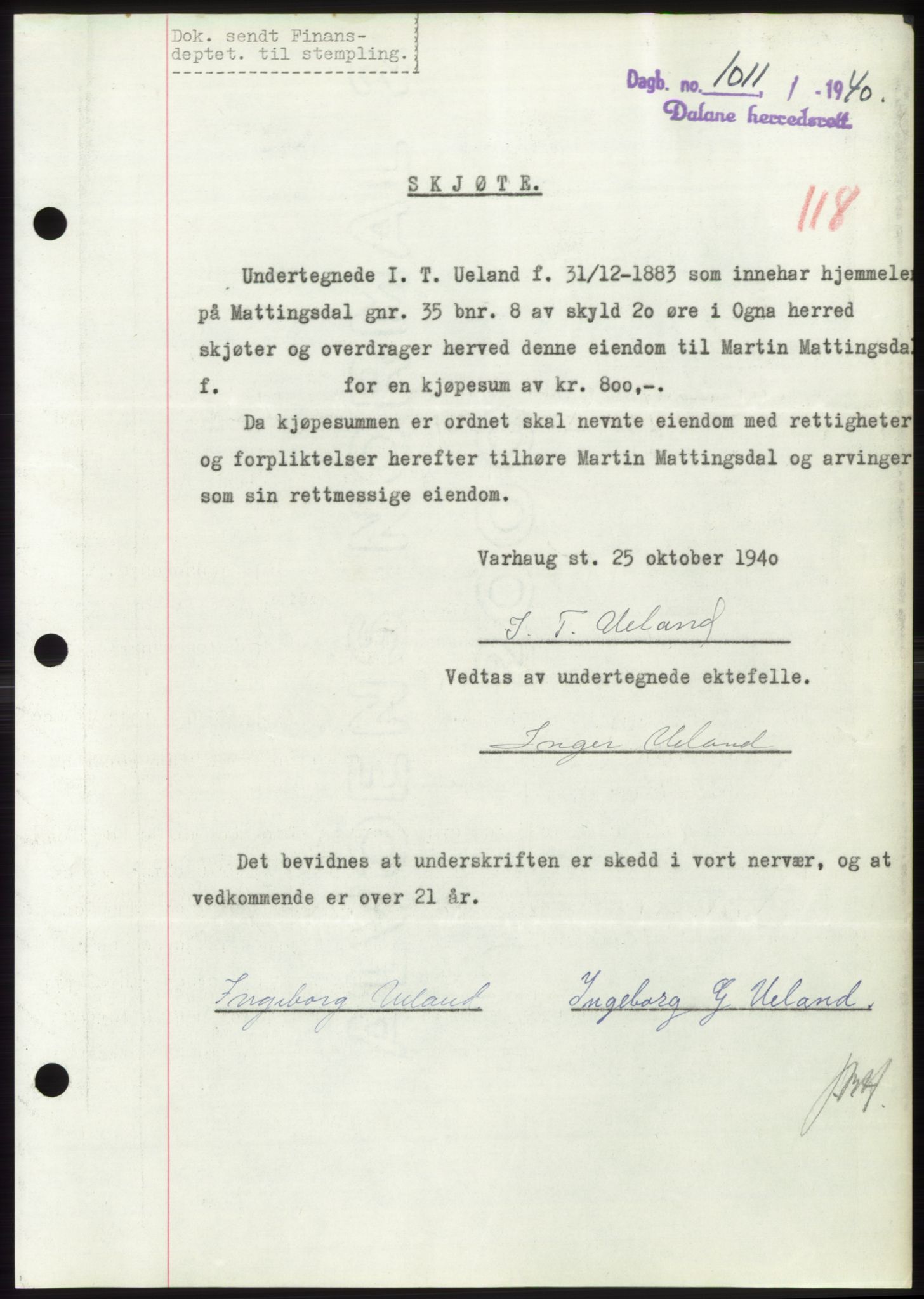 Dalane sorenskriveri, SAST/A-100309/02/G/Gb/L0058: Pantebok, 1926-1950, Tingl.dato: 12.12.1940
