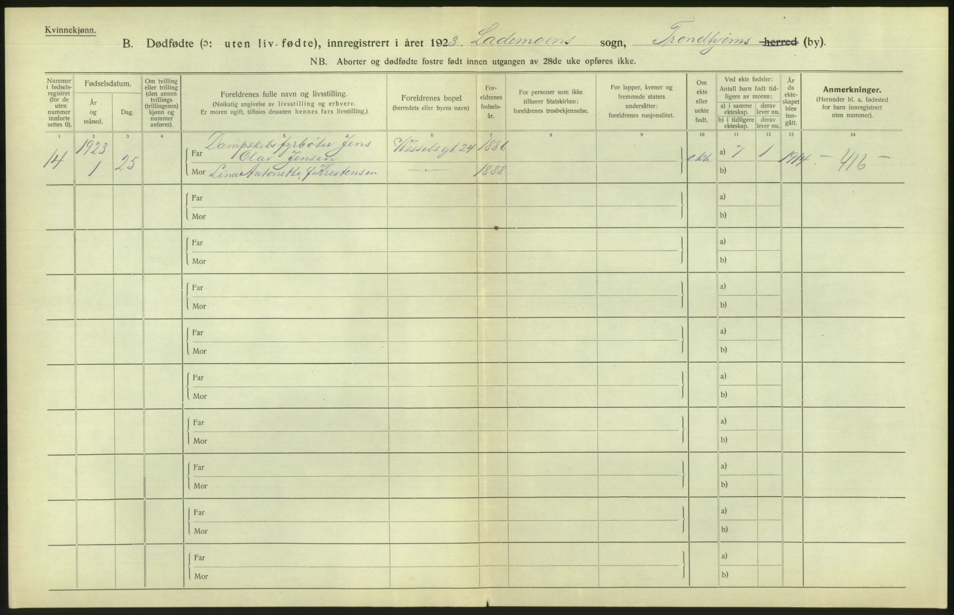 Statistisk sentralbyrå, Sosiodemografiske emner, Befolkning, AV/RA-S-2228/D/Df/Dfc/Dfcc/L0038: Trondheim: Levendefødte menn og kvinner, gifte, døde, dødfødte., 1923, s. 896