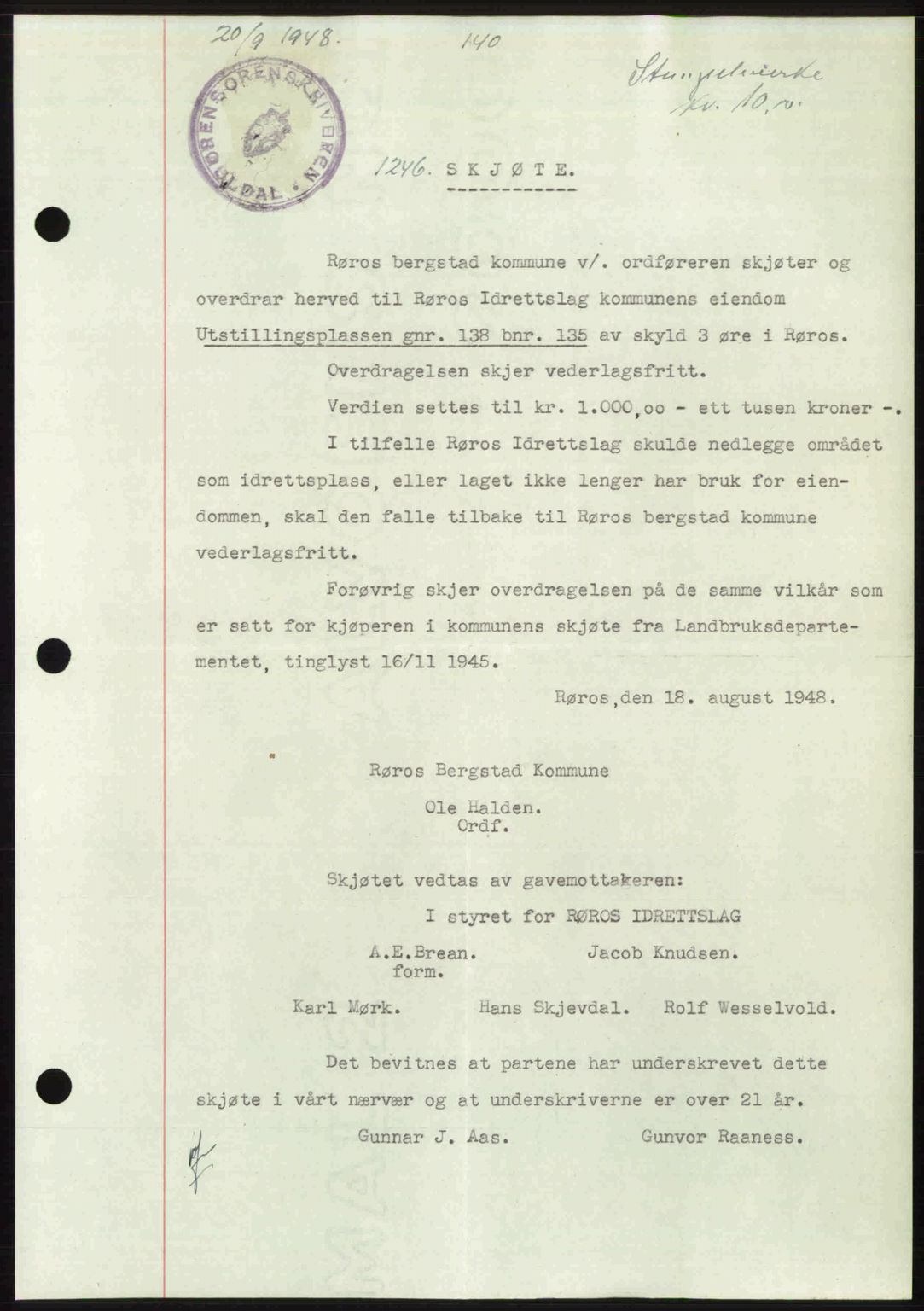 Gauldal sorenskriveri, SAT/A-0014/1/2/2C: Pantebok nr. A6, 1948-1948, Dagboknr: 1246/1948