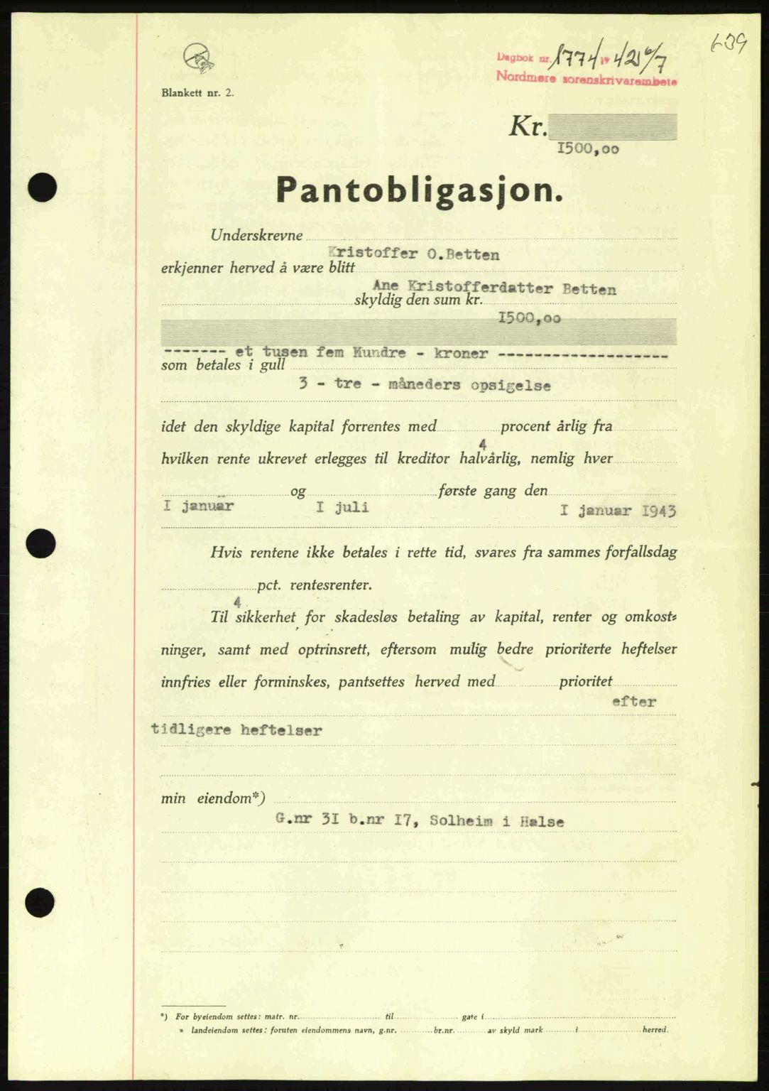 Nordmøre sorenskriveri, AV/SAT-A-4132/1/2/2Ca: Pantebok nr. B89, 1942-1942, Dagboknr: 1774/1942