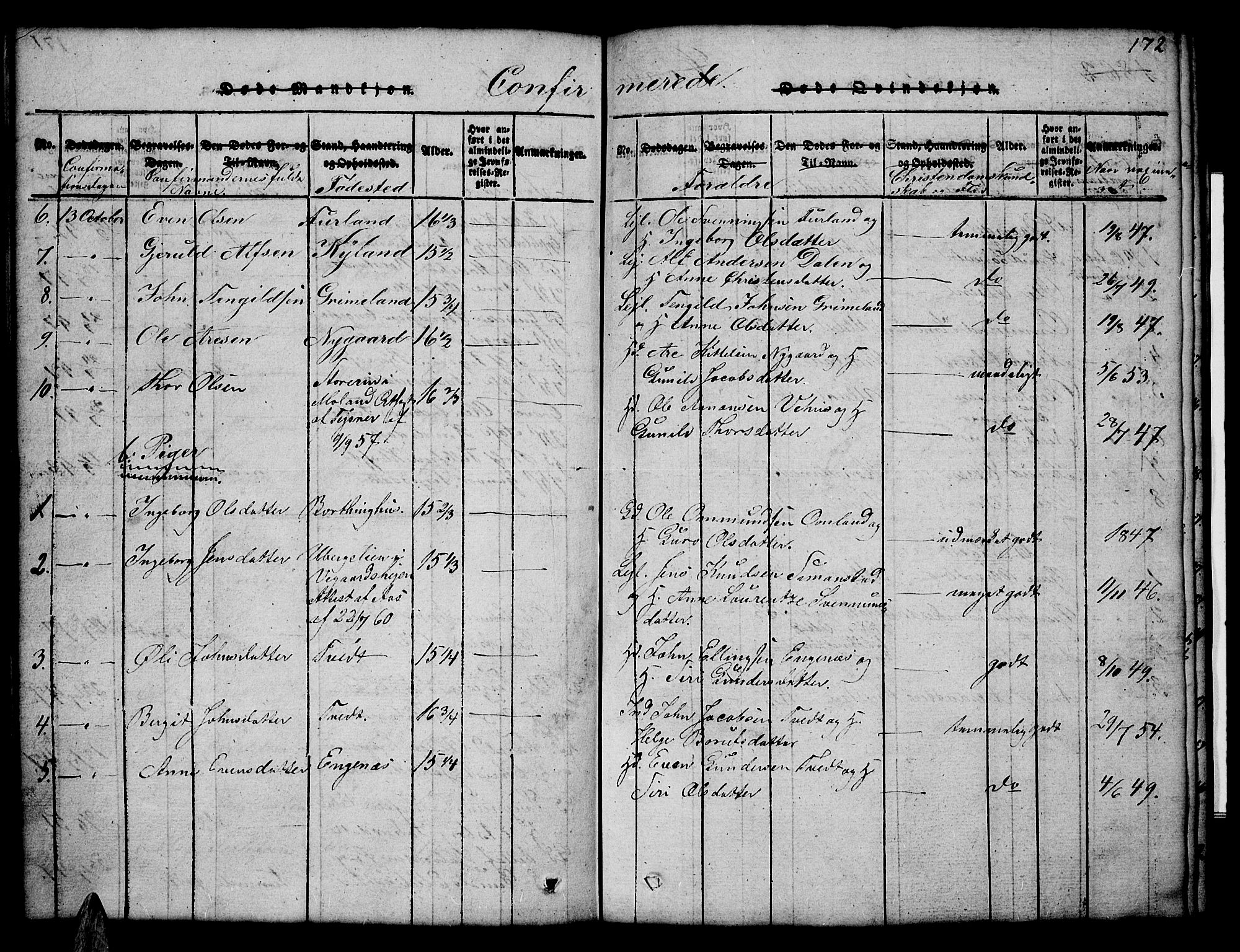 Åmli sokneprestkontor, AV/SAK-1111-0050/F/Fb/Fbc/L0001: Klokkerbok nr. B 1, 1816-1867, s. 172