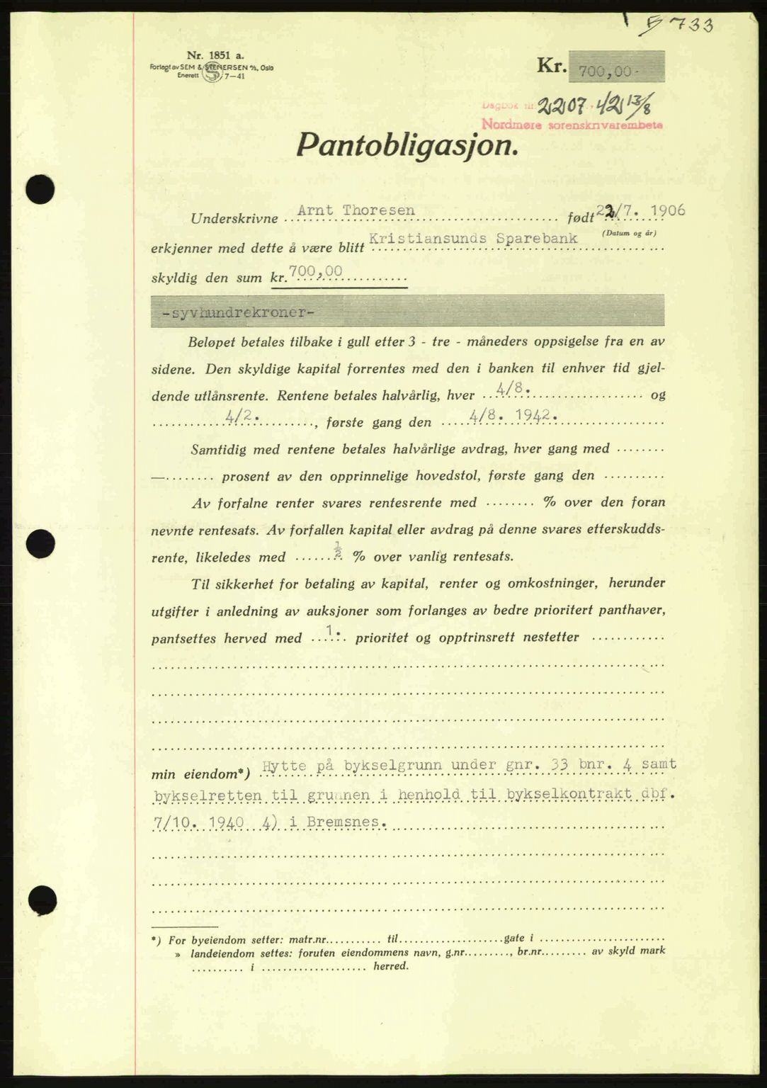 Nordmøre sorenskriveri, AV/SAT-A-4132/1/2/2Ca: Pantebok nr. B89, 1942-1942, Dagboknr: 2207/1942