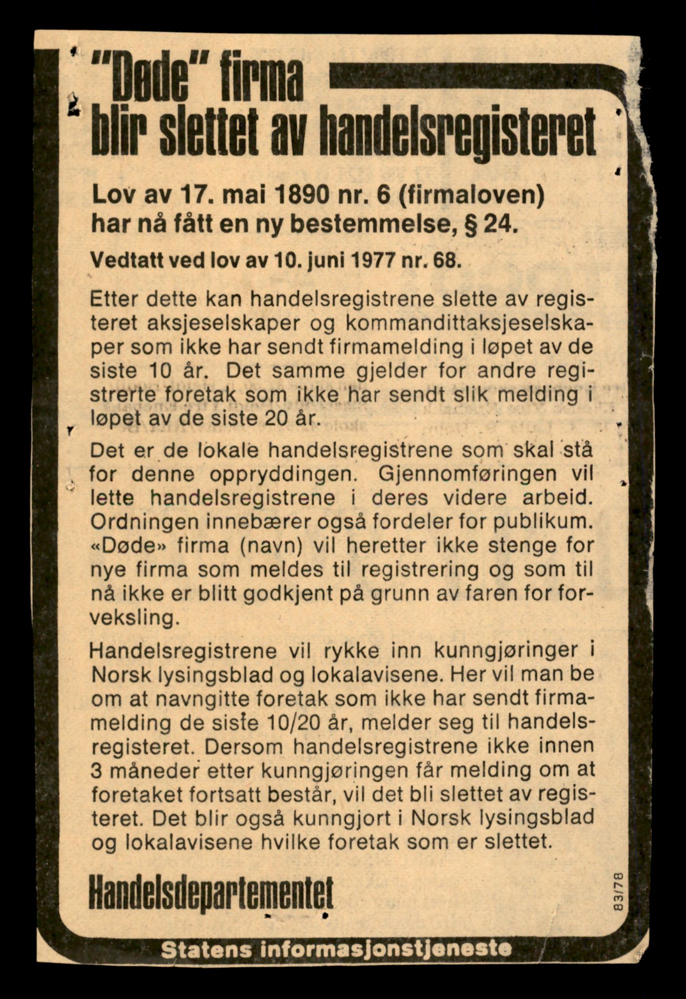 Indre Follo tingrett, SAT/A-10086/K/Kb/Kba/L0031: Foretak slettet etter firmalovens § 24, revisjoner av 1977 og 1984, 1977-1984, s. 1