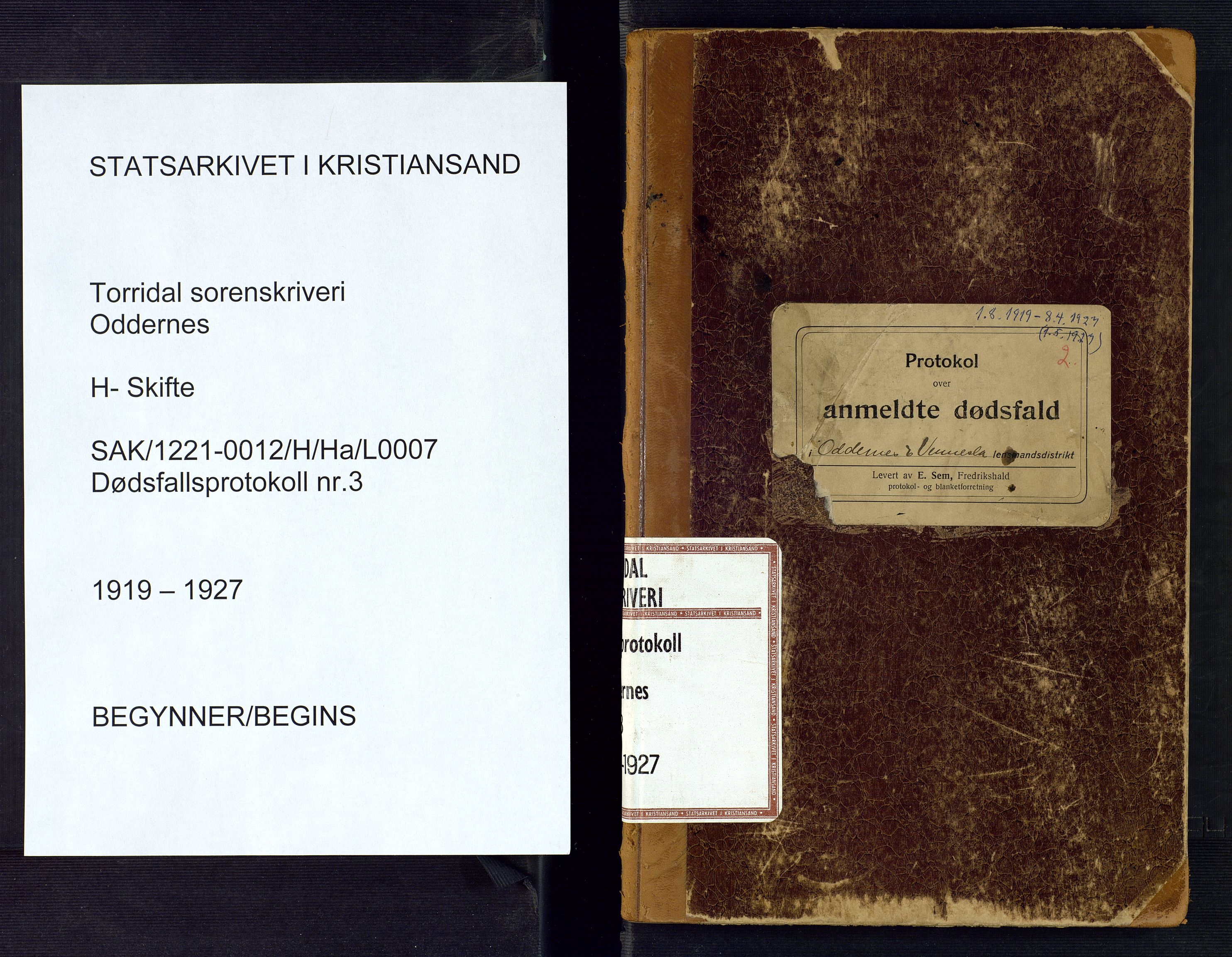 Torridal sorenskriveri, SAK/1221-0012/H/Ha/L0007: Dødsfallsprotokoll Oddernes nr. 3, 1919-1927