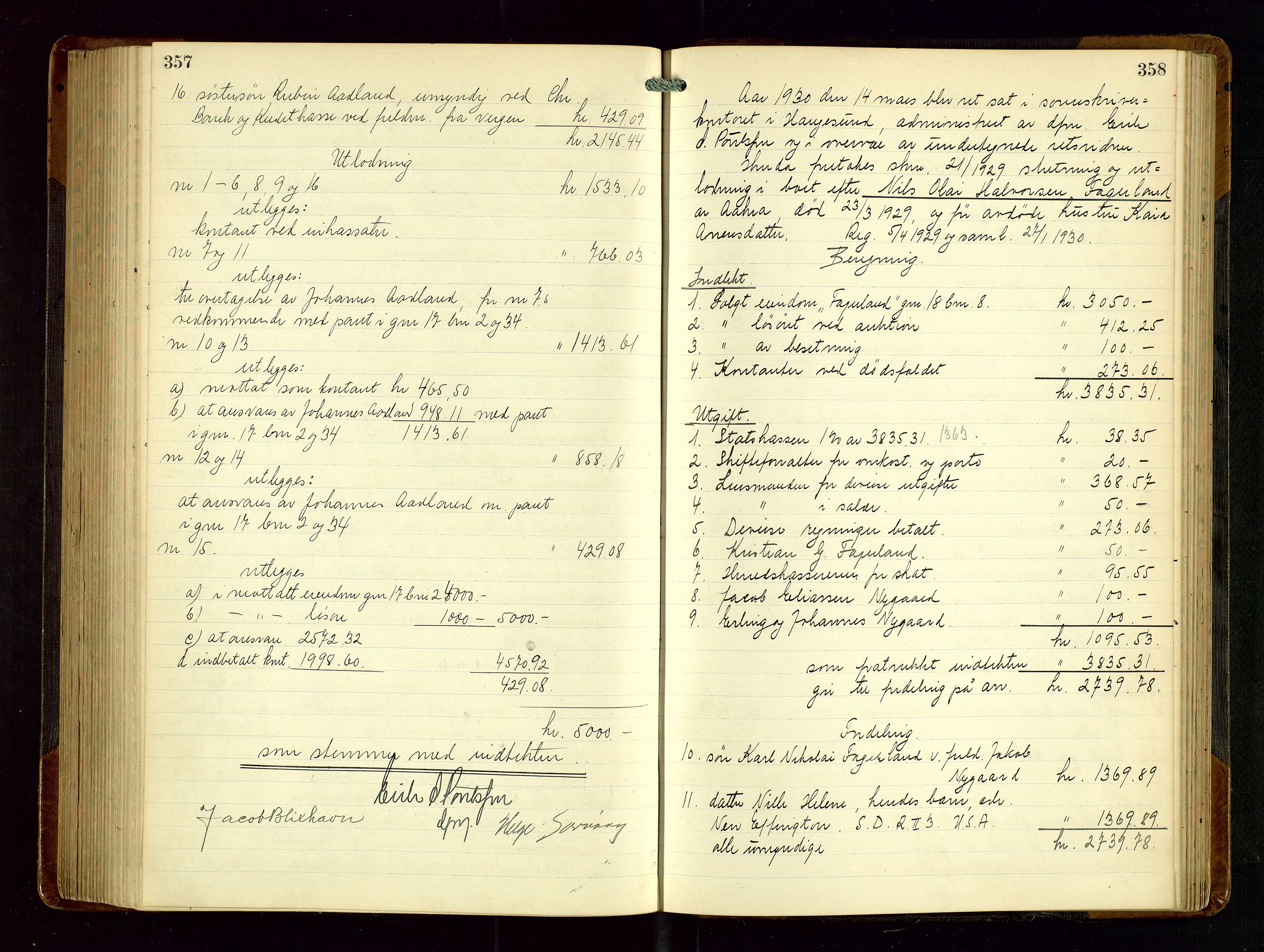 Karmsund sorenskriveri, AV/SAST-A-100311/01/IV/IVGB/L0004: SKIFTEUTLODNINGSPROTOKOLL, 1925-1931, s. 357-358