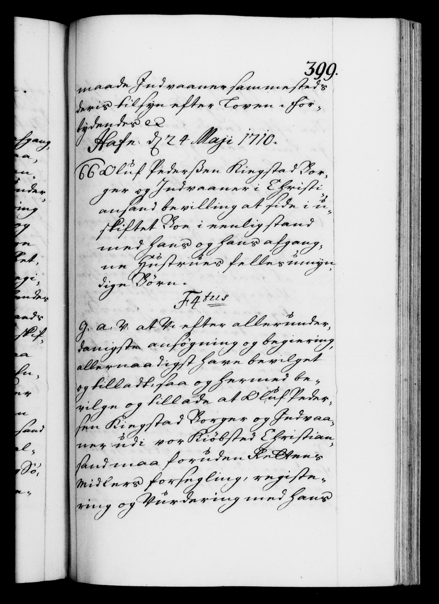 Danske Kanselli 1572-1799, AV/RA-EA-3023/F/Fc/Fca/Fcaa/L0020: Norske registre, 1708-1711, s. 399a