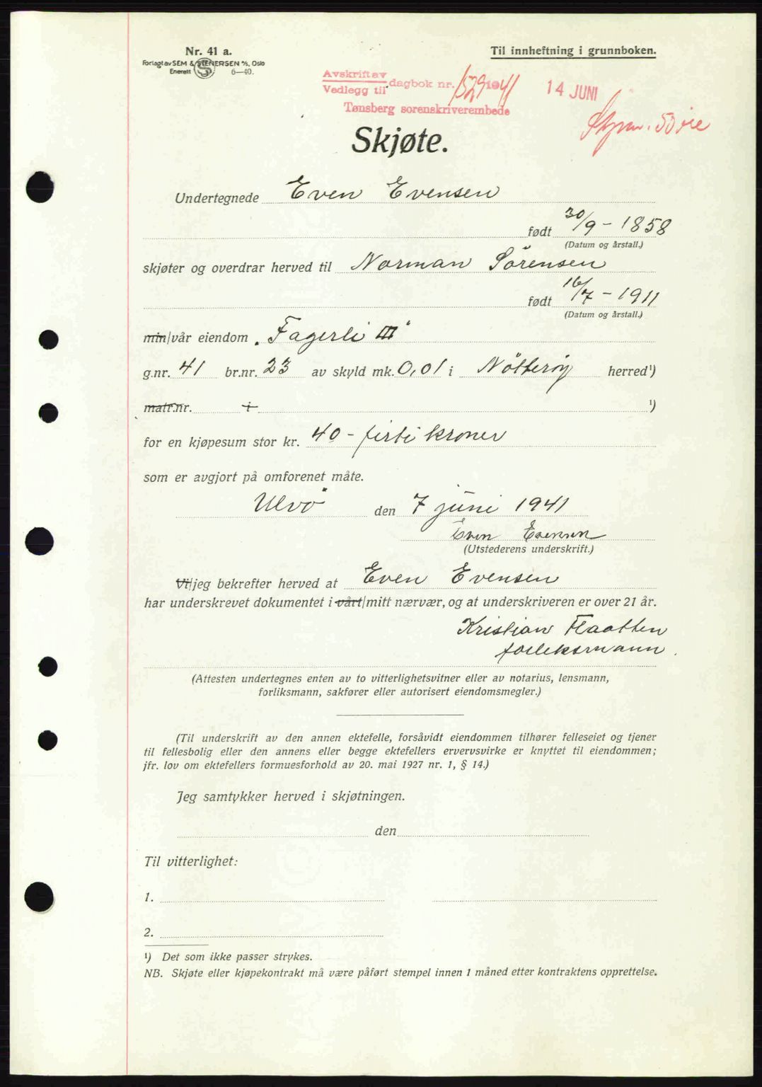 Tønsberg sorenskriveri, AV/SAKO-A-130/G/Ga/Gaa/L0010: Pantebok nr. A10, 1941-1941, Dagboknr: 1529/1941