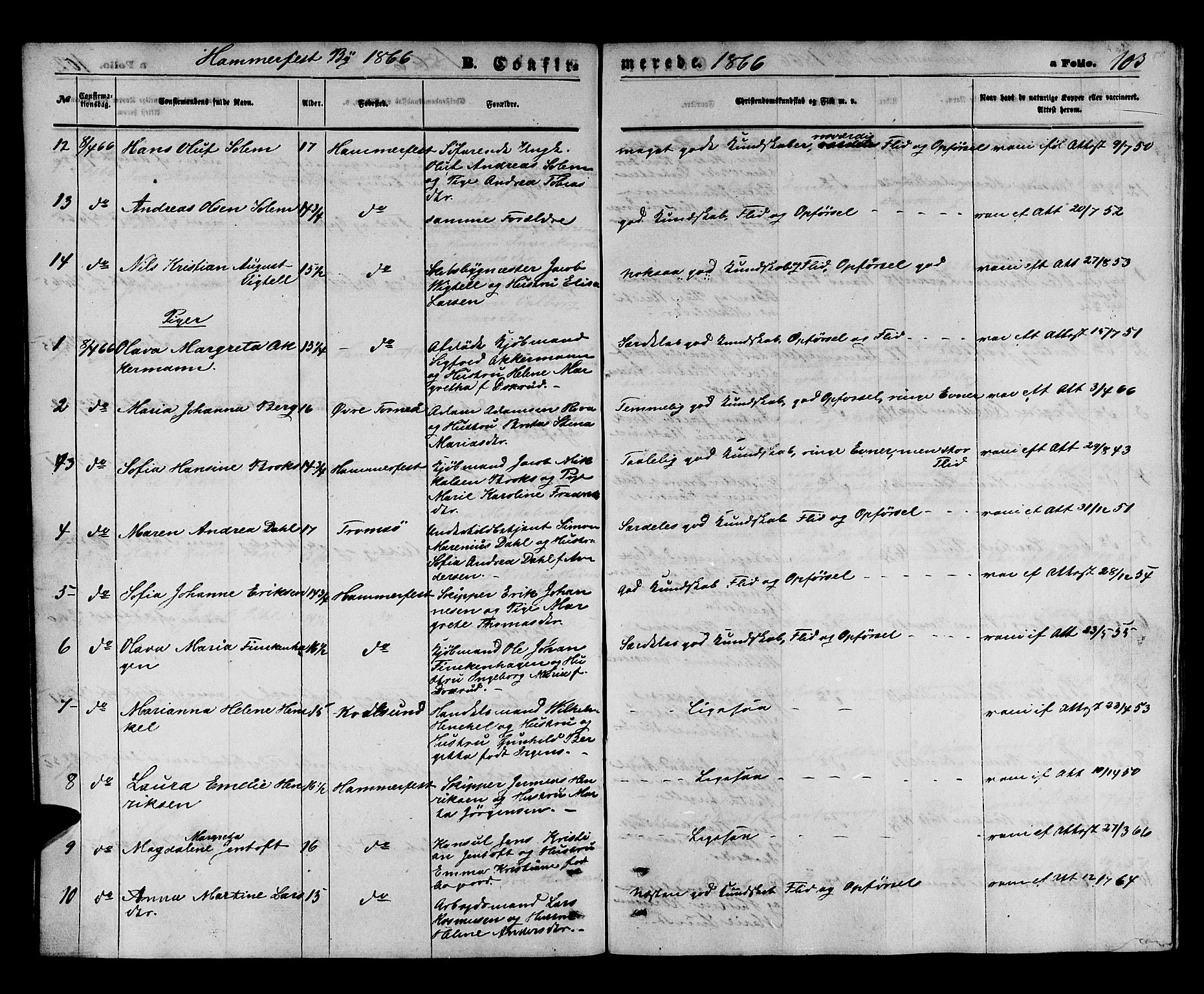 Hammerfest sokneprestkontor, SATØ/S-1347/H/Hb/L0003.klokk: Klokkerbok nr. 3 /1, 1862-1868, s. 103