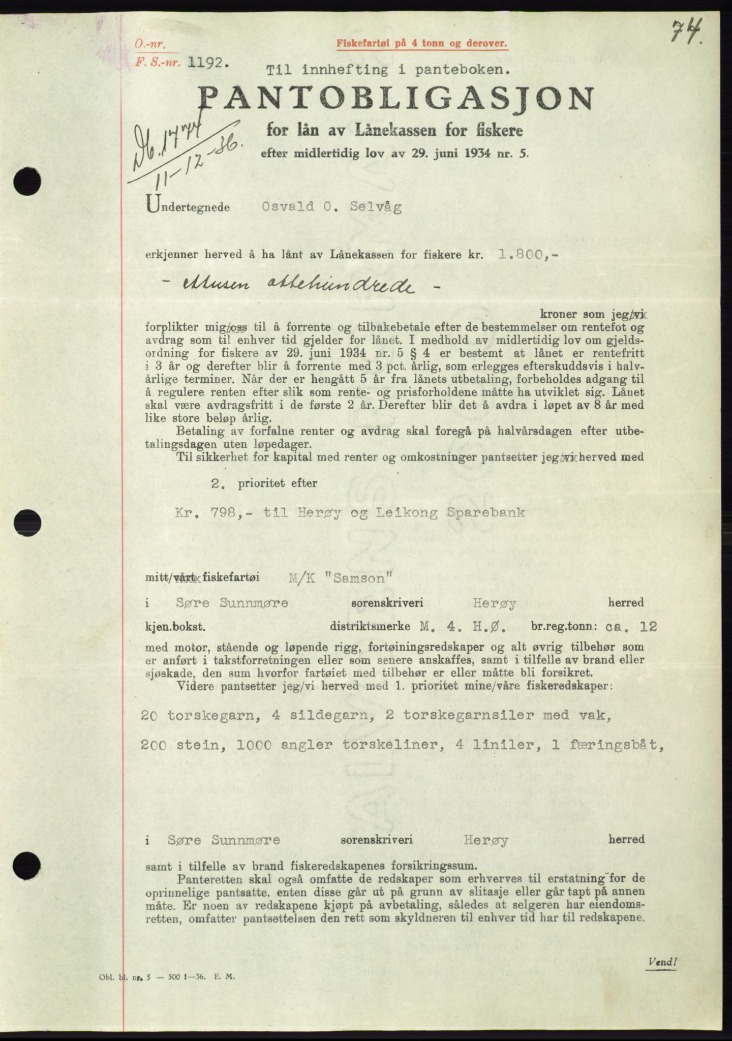 Søre Sunnmøre sorenskriveri, AV/SAT-A-4122/1/2/2C/L0062: Pantebok nr. 56, 1936-1937, Dagboknr: 1774/1936