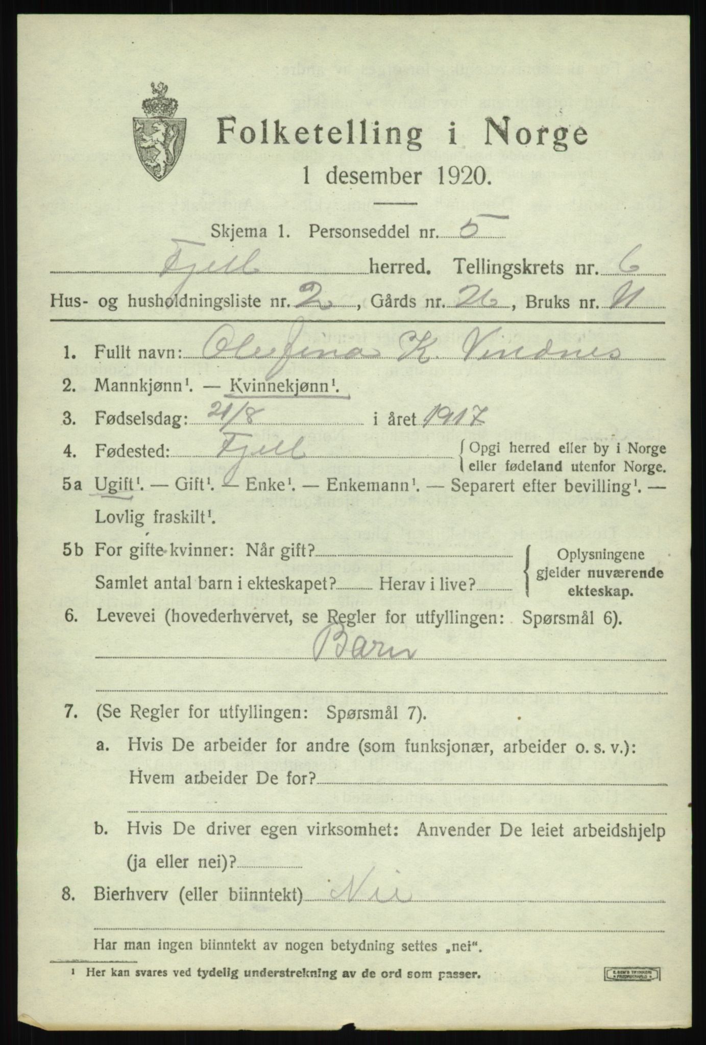 SAB, Folketelling 1920 for 1246 Fjell herred, 1920, s. 5230