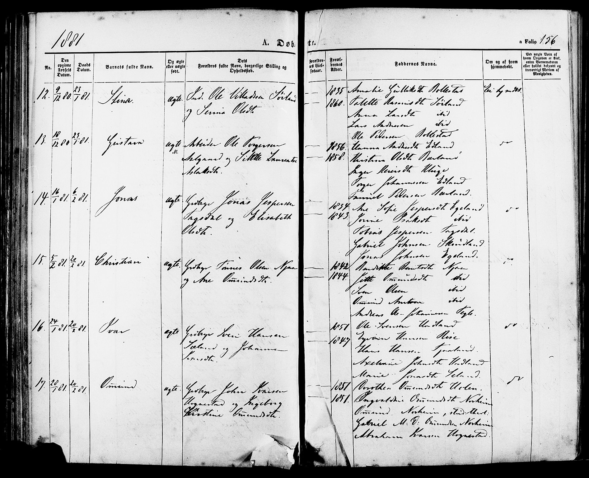 Lye sokneprestkontor, AV/SAST-A-101794/001/30BA/L0008: Ministerialbok nr. A 7, 1872-1881, s. 156