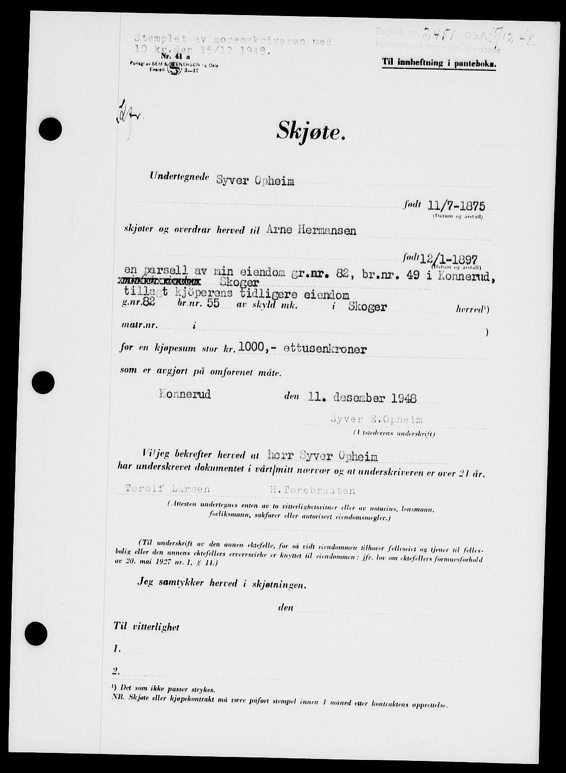 Holmestrand sorenskriveri, SAKO/A-67/G/Ga/Gaa/L0065: Pantebok nr. A-65, 1948-1949, Dagboknr: 2451/1948