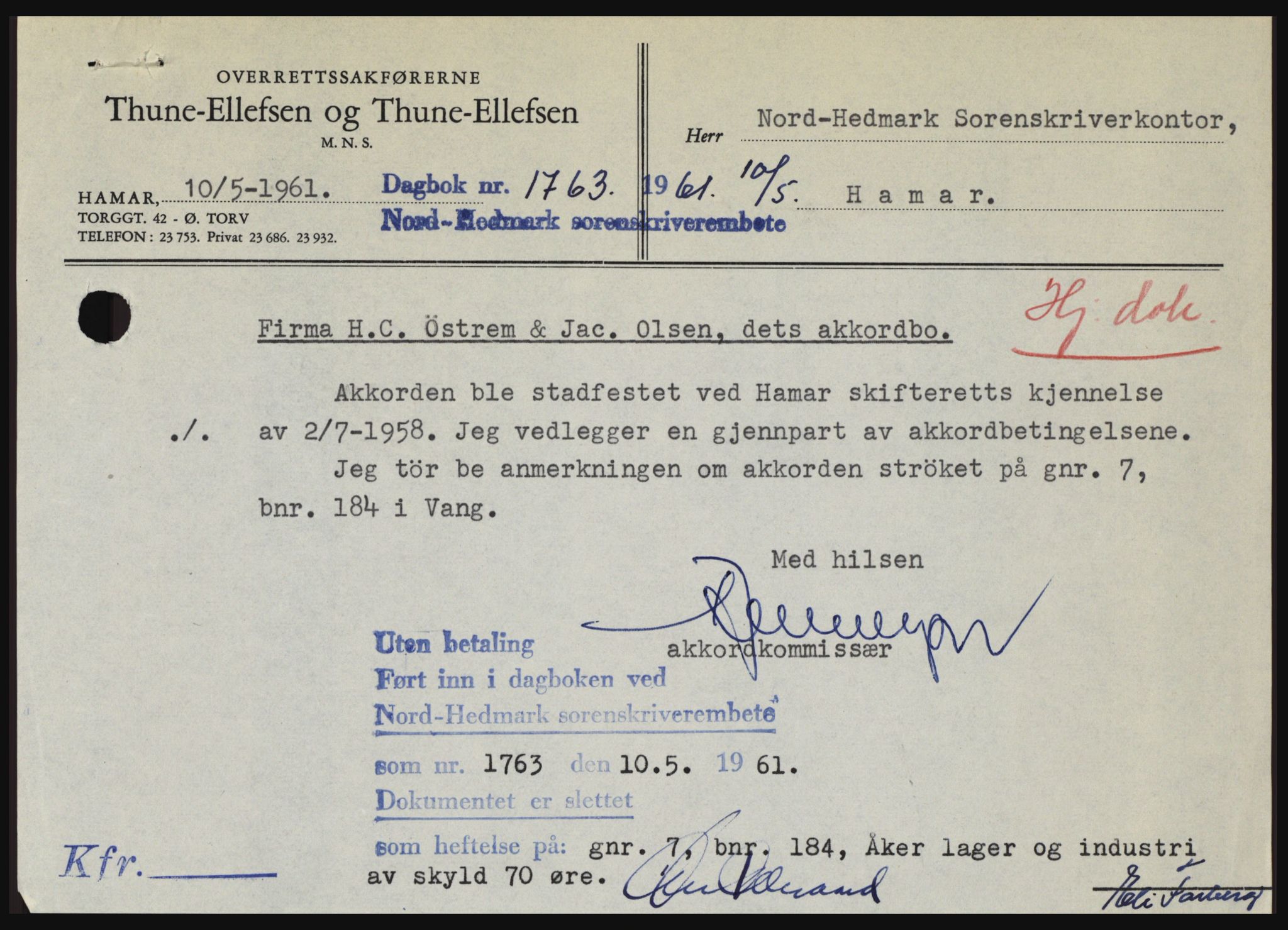 Nord-Hedmark sorenskriveri, SAH/TING-012/H/Hc/L0015: Pantebok nr. 15, 1961-1961, Dagboknr: 1763/1961