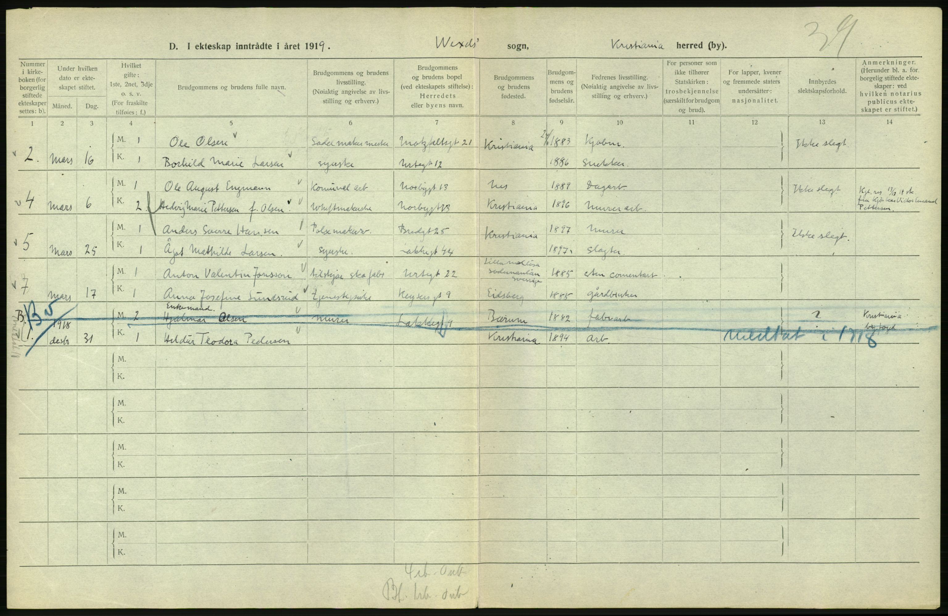 Statistisk sentralbyrå, Sosiodemografiske emner, Befolkning, RA/S-2228/D/Df/Dfb/Dfbi/L0009: Kristiania: Gifte, 1919, s. 660