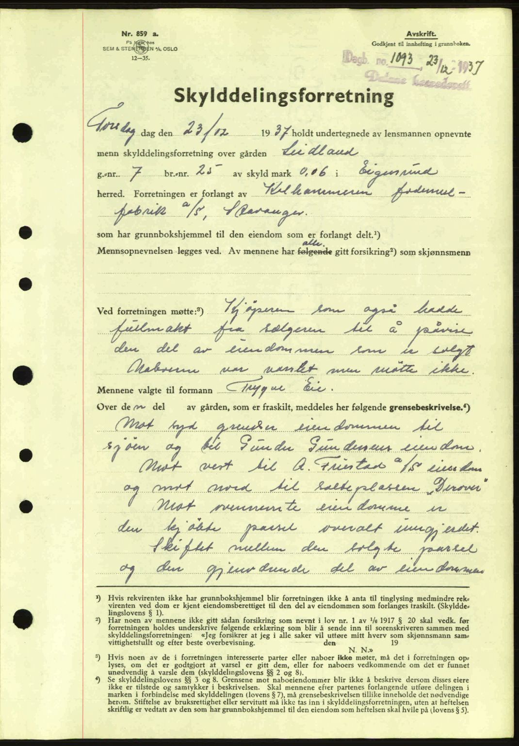 Dalane sorenskriveri, SAST/A-100309/02/G/Gb/L0041: Pantebok nr. A2, 1936-1937, Dagboknr: 1093/1937
