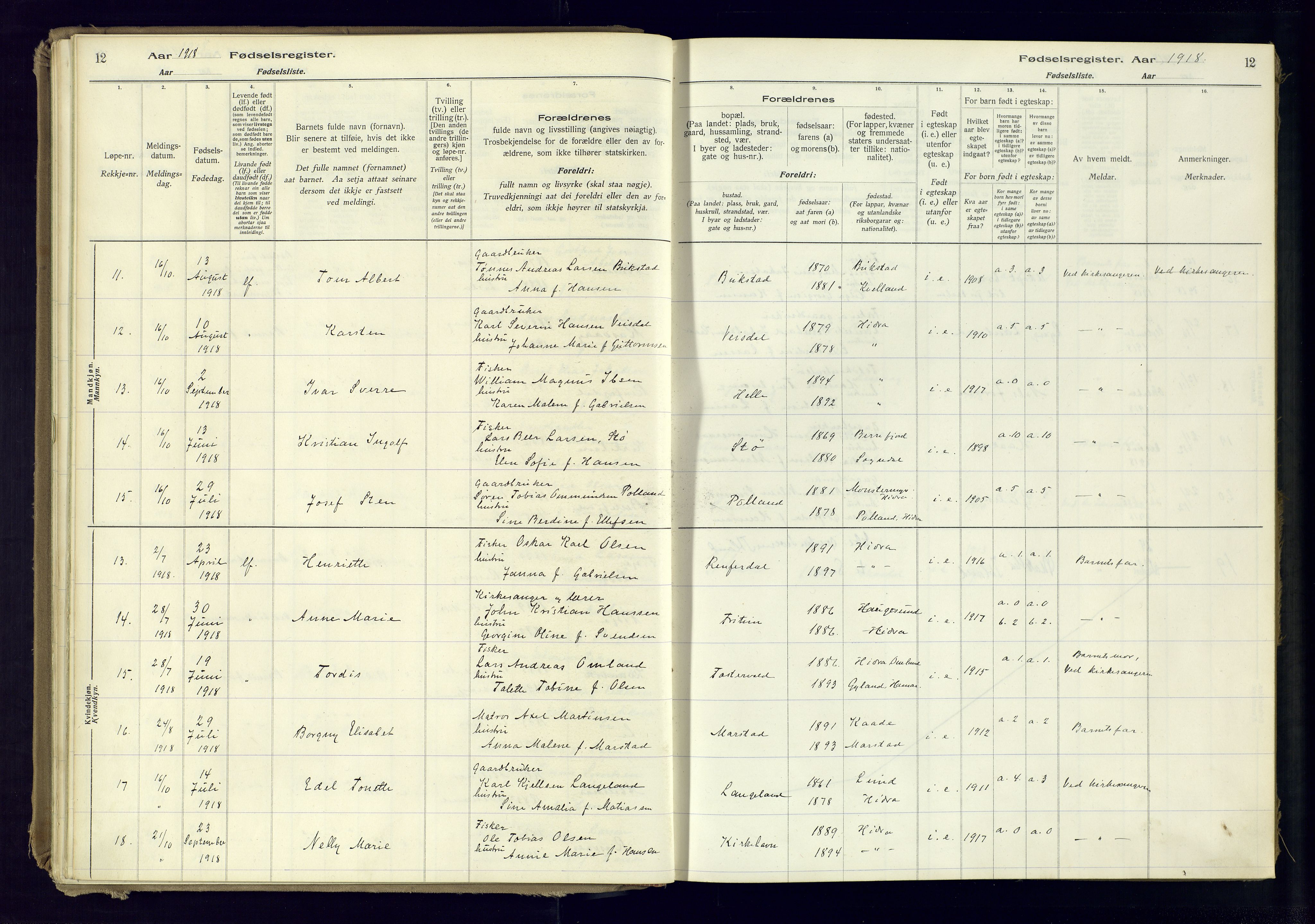 Flekkefjord sokneprestkontor, AV/SAK-1111-0012/J/Ja/L0007: Fødselsregister nr. 7, 1916-1982, s. 12