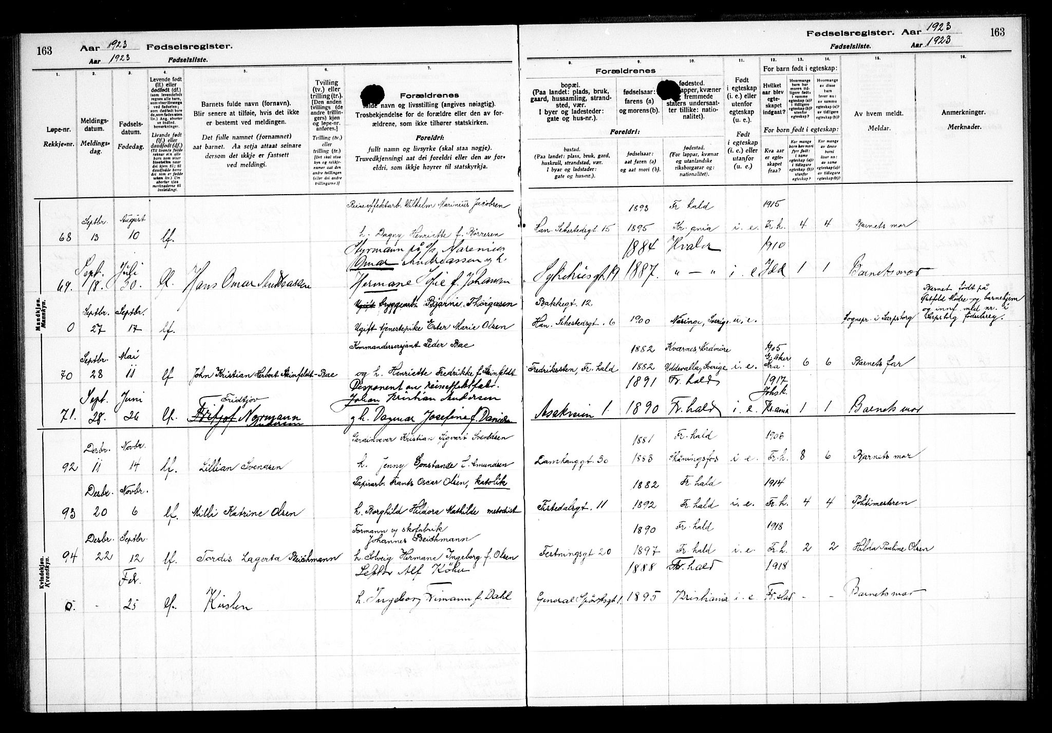 Halden prestekontor Kirkebøker, AV/SAO-A-10909/J/Ja/L0001: Fødselsregister nr. I 1, 1916-1925, s. 163