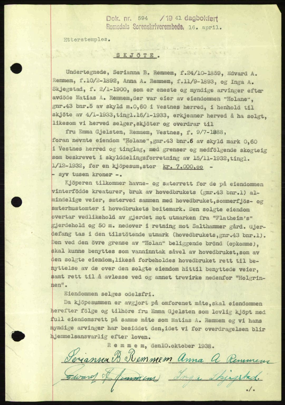 Romsdal sorenskriveri, SAT/A-4149/1/2/2C: Pantebok nr. A9, 1940-1941, Dagboknr: 594/1941