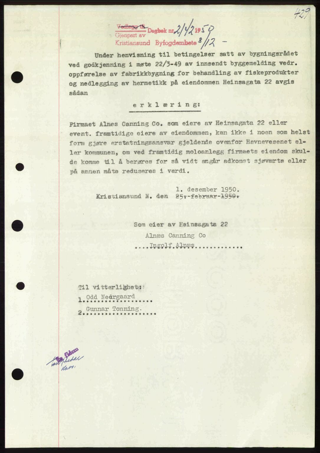 Kristiansund byfogd, AV/SAT-A-4587/A/27: Pantebok nr. 50, 1950-1950, Dagboknr: 2142/1950