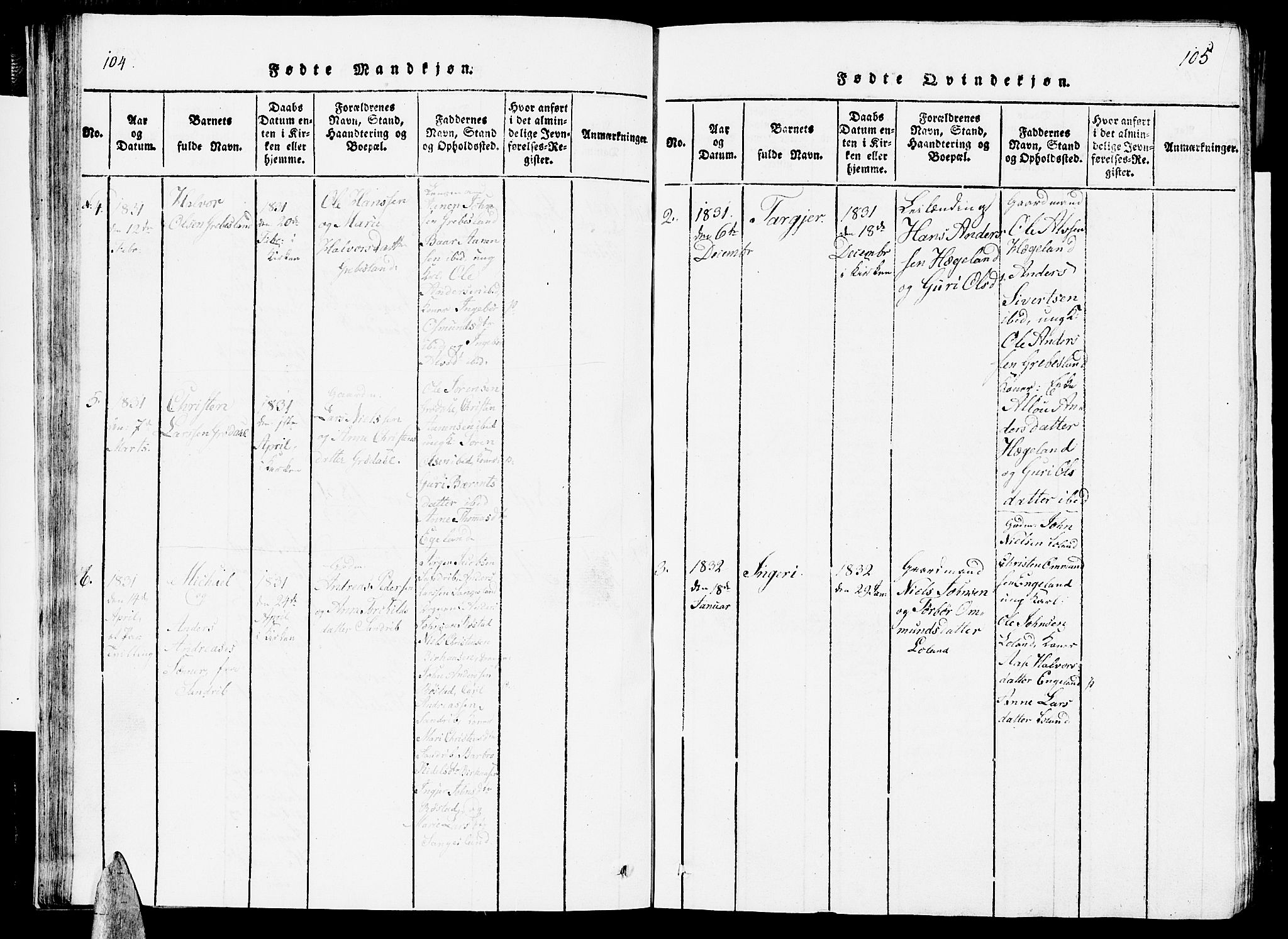 Vennesla sokneprestkontor, AV/SAK-1111-0045/Fb/Fbc/L0001: Klokkerbok nr. B 1, 1820-1834, s. 104-105