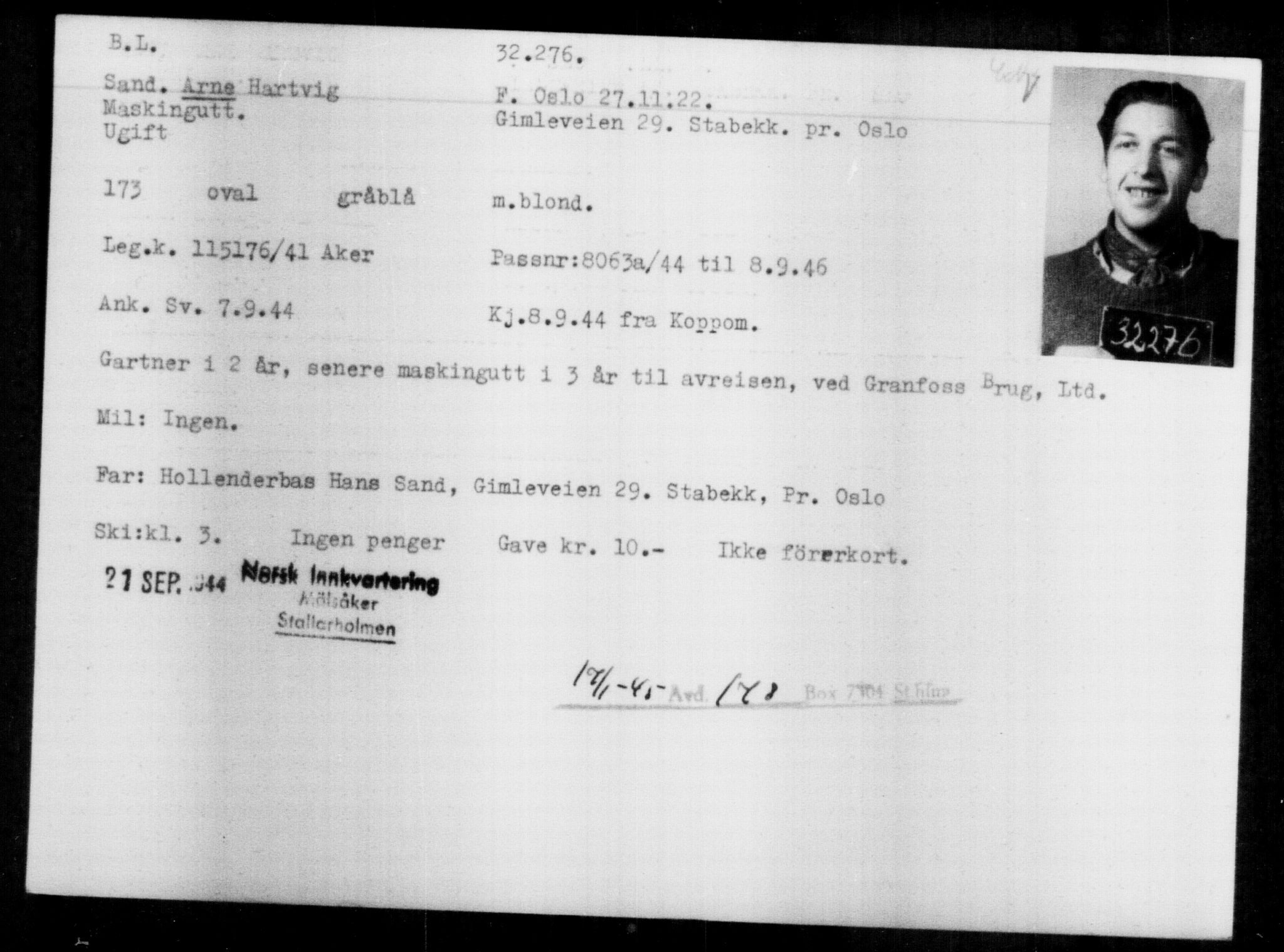 Utenriksstasjonene, Legasjonen i Stockholm, Flyktningkontoret, AV/RA-S-6753/V/Va/L0013: Kjesäterkartoteket, flyktninger med registreringsnr. 31500-34731, 1940-1945, s. 824